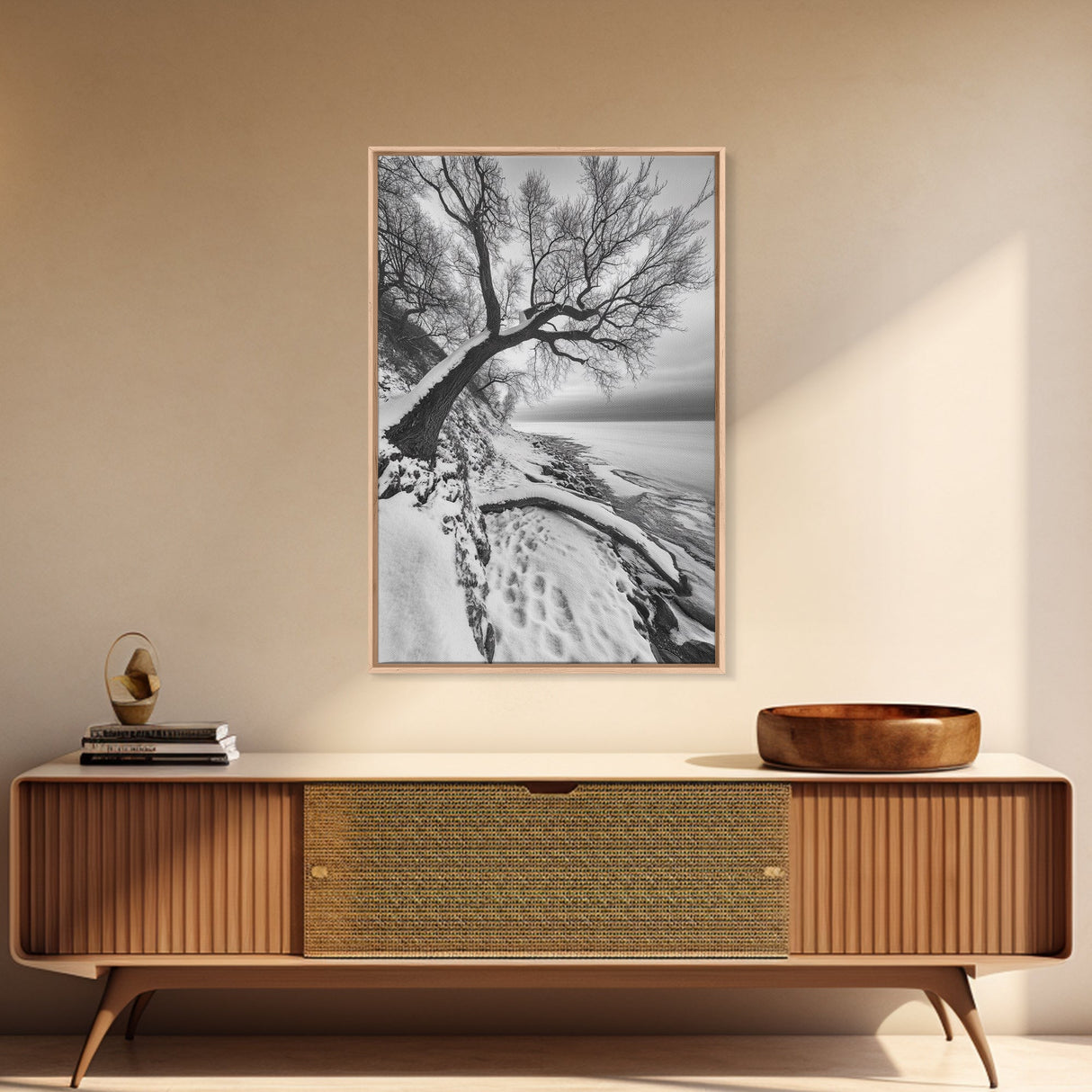 Coastal Snow, Barren Tree, Frozen Shoreline, Canvas Print, Serene Winter Decor, Entryway or Hallway Minimalist Wall Art