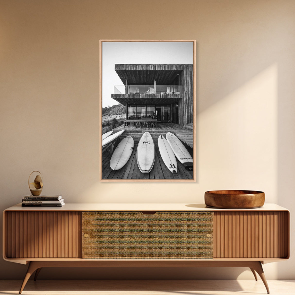 Surf Shack, Beach House, Modern Architecture, Coastal Lifestyle, Framed Canvas Print, Living Room Art, Nautical Wall Decor, Surf Wall Art