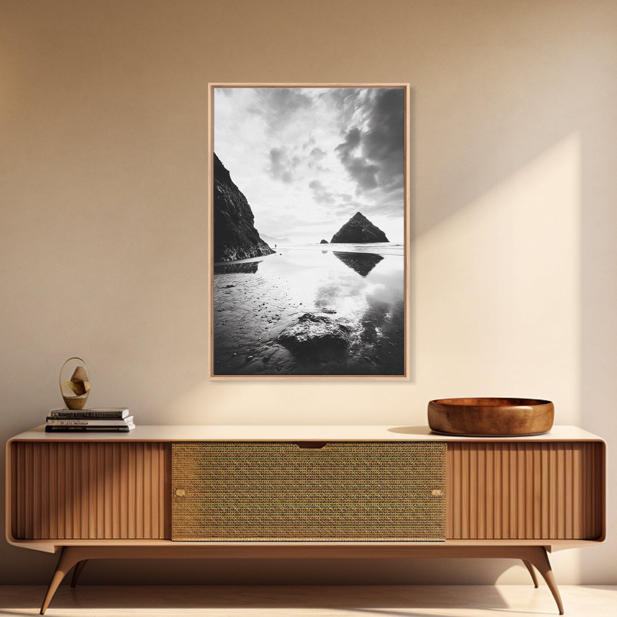 Remote beach reflection, lone hiker wanderlust, coastal rockscape, black white dreamscape, Framed Canvas Print, living room moody decor