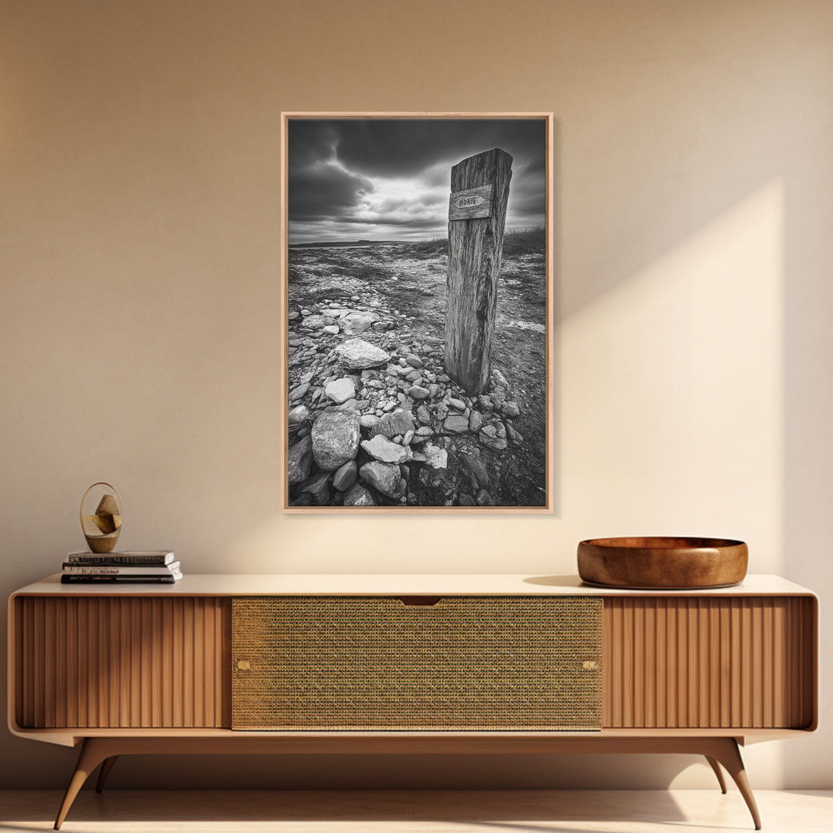 Weathered Exit, Symbolic Marker, Coastal Path, Canvas Print, Rustic Wall Art, Moody Landscape Decor, Entryway Statement Piece