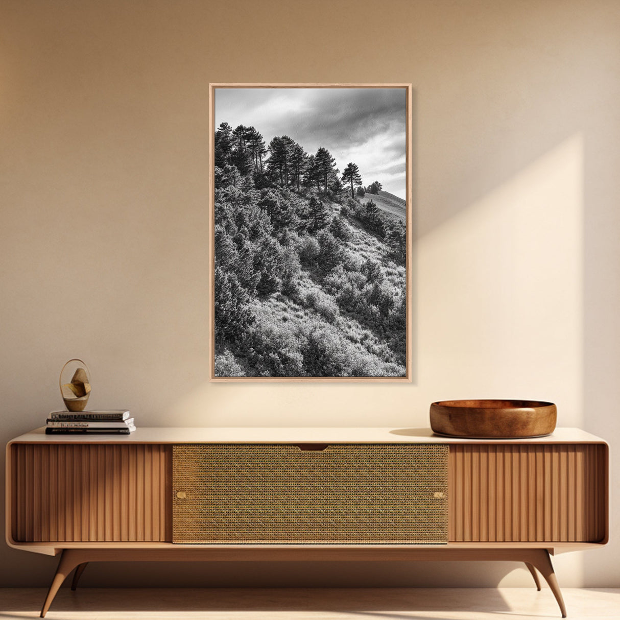 Hillside Forest, Peaceful Pines, Mountain Light, Framed Canvas Print, Nature Wall Art, Cabin Decor, Woodland Landscape Scene