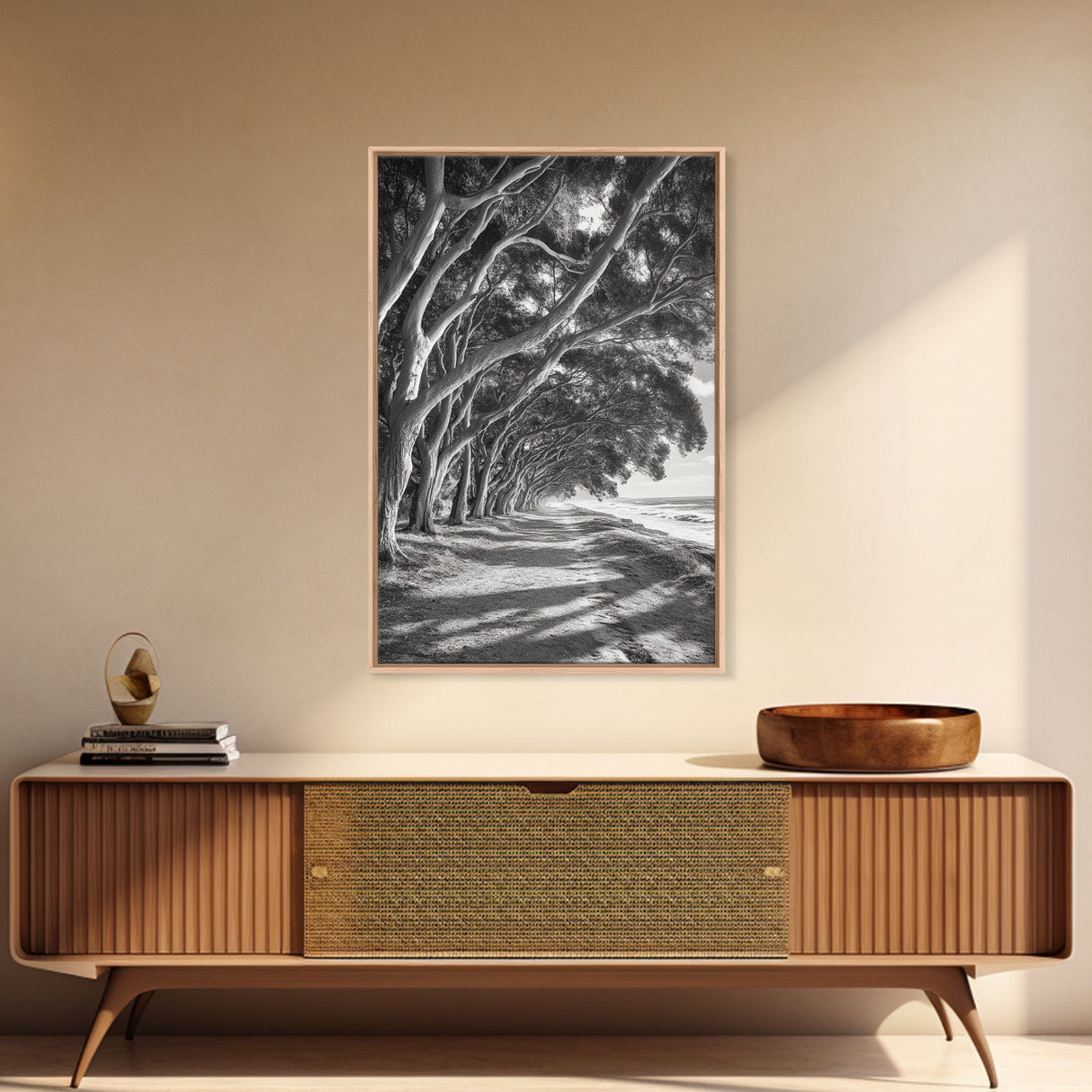 Coastal Tree Path, Nature Shadows, Ocean Breeze, Autumn Light, Framed Canvas Print, Living Room Wall Art, Moody Landscape Photography