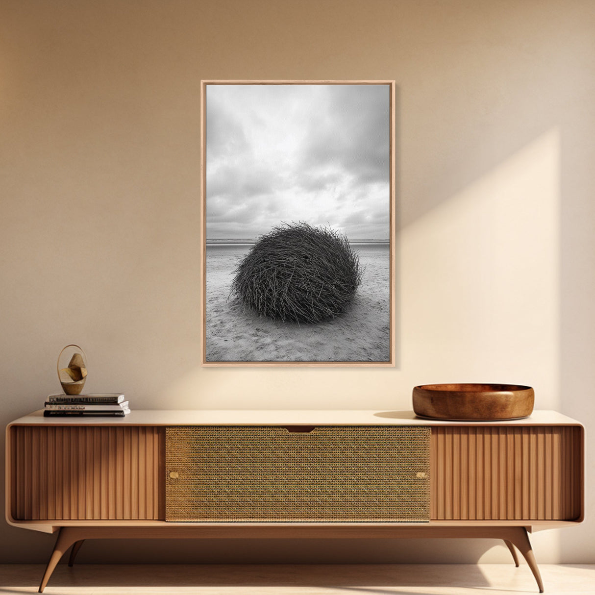 Windswept Beach Nest, Natural Sculpture, Driftwood Ball, Solitude Scene, Canvas Print, Minimalist Wall Art, Neutral Bedroom Decor