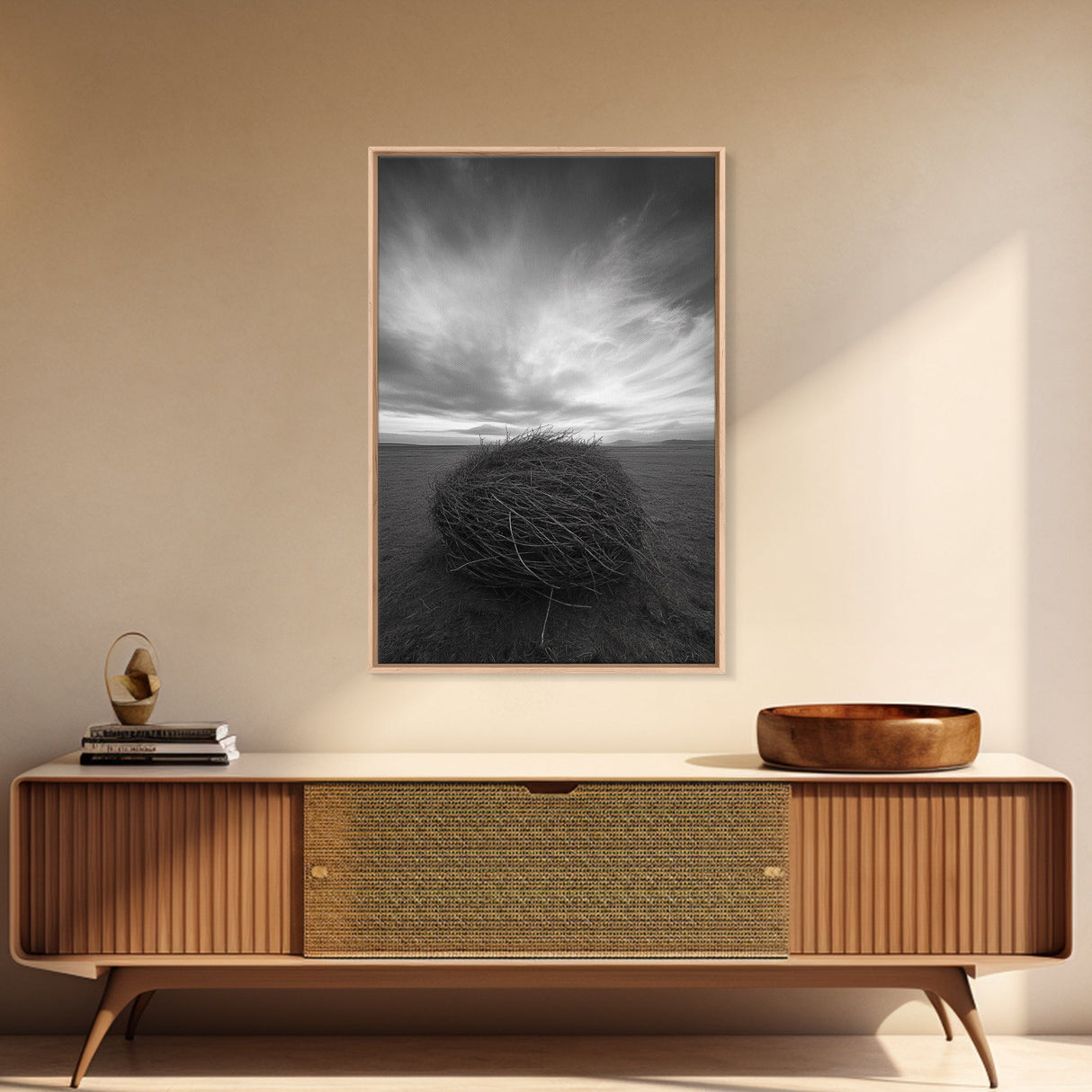 Twilight Field Nest, Tumbleweed Art, Desert Calm, Grassy Plains, Framed Canvas Print, Entryway Wall Art, Boho Nature Landscape