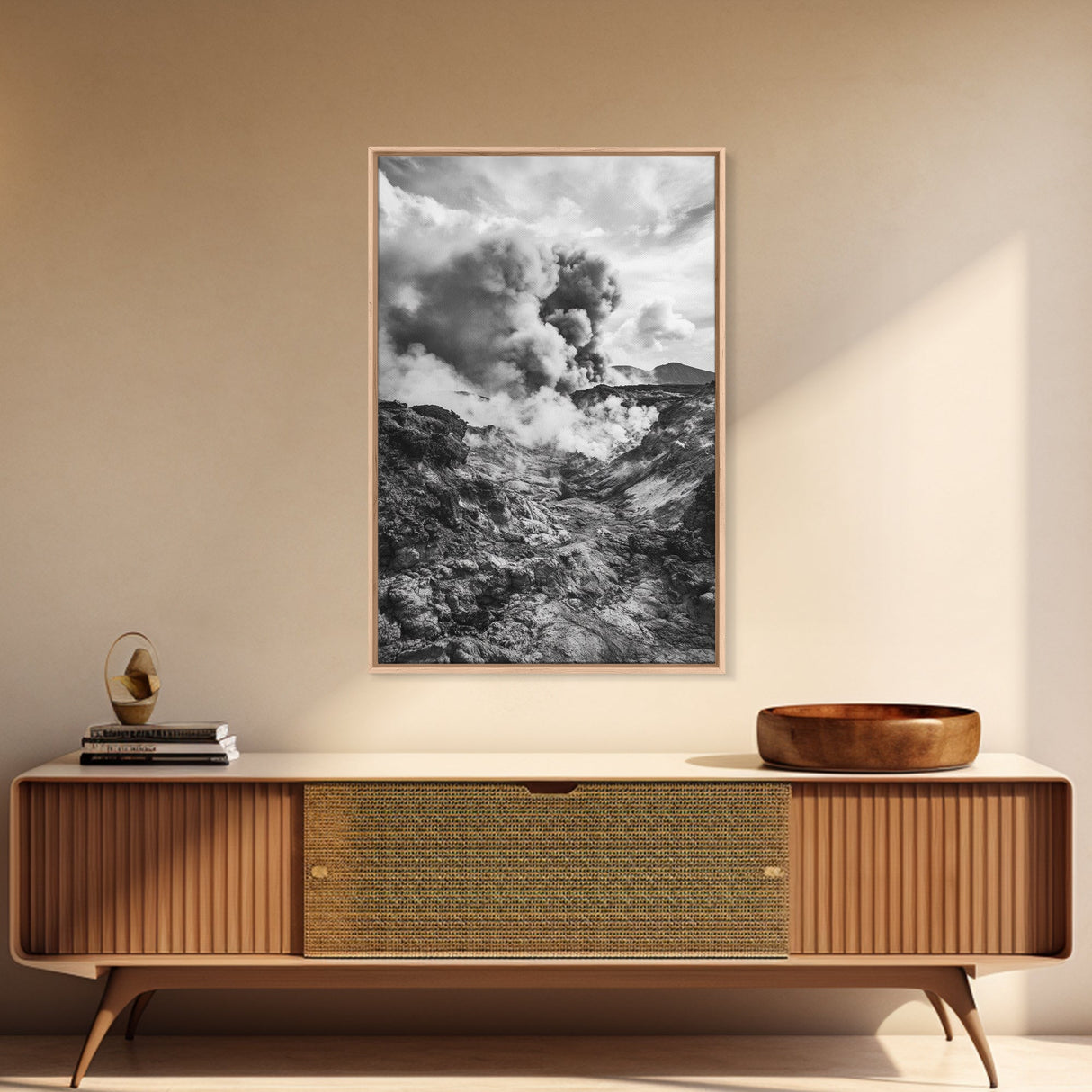 Volcanic Eruption Smoke, Lava Rocks, Earth Energy, Fiery Terrain, Framed Canvas Print, Office Wall Art, Dramatic Nature Landscape