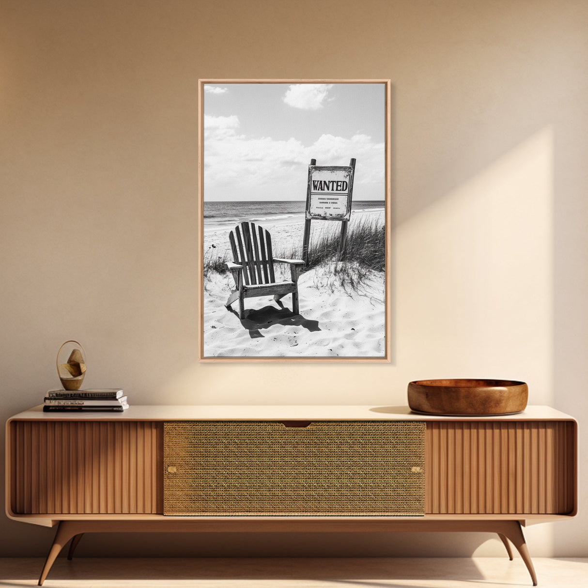 Wanted Poster, Beach Chair, Western Humor, Framed Canvas Print, Man Cave Decor, Coastal Country Style, Black and White Photography