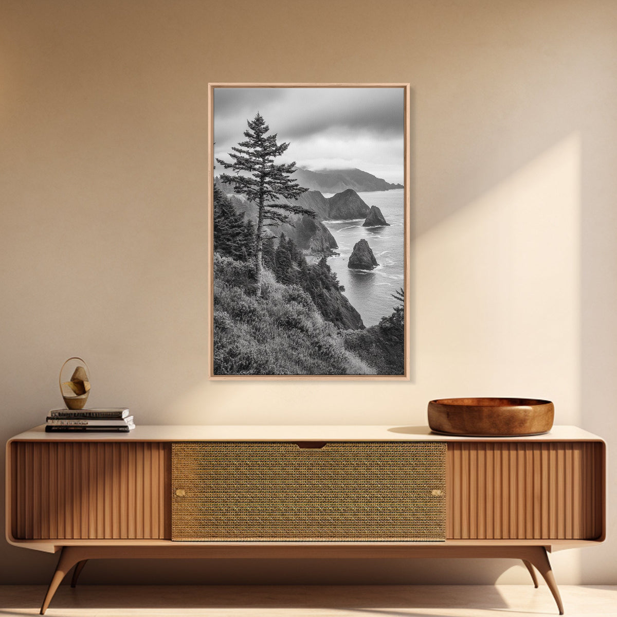 Oregon Coastline View, Misty Cliffs, Evergreen Forest, Coastal Vibes, Framed Canvas Print, Rustic Cabin Art, Living Room Wall Decor