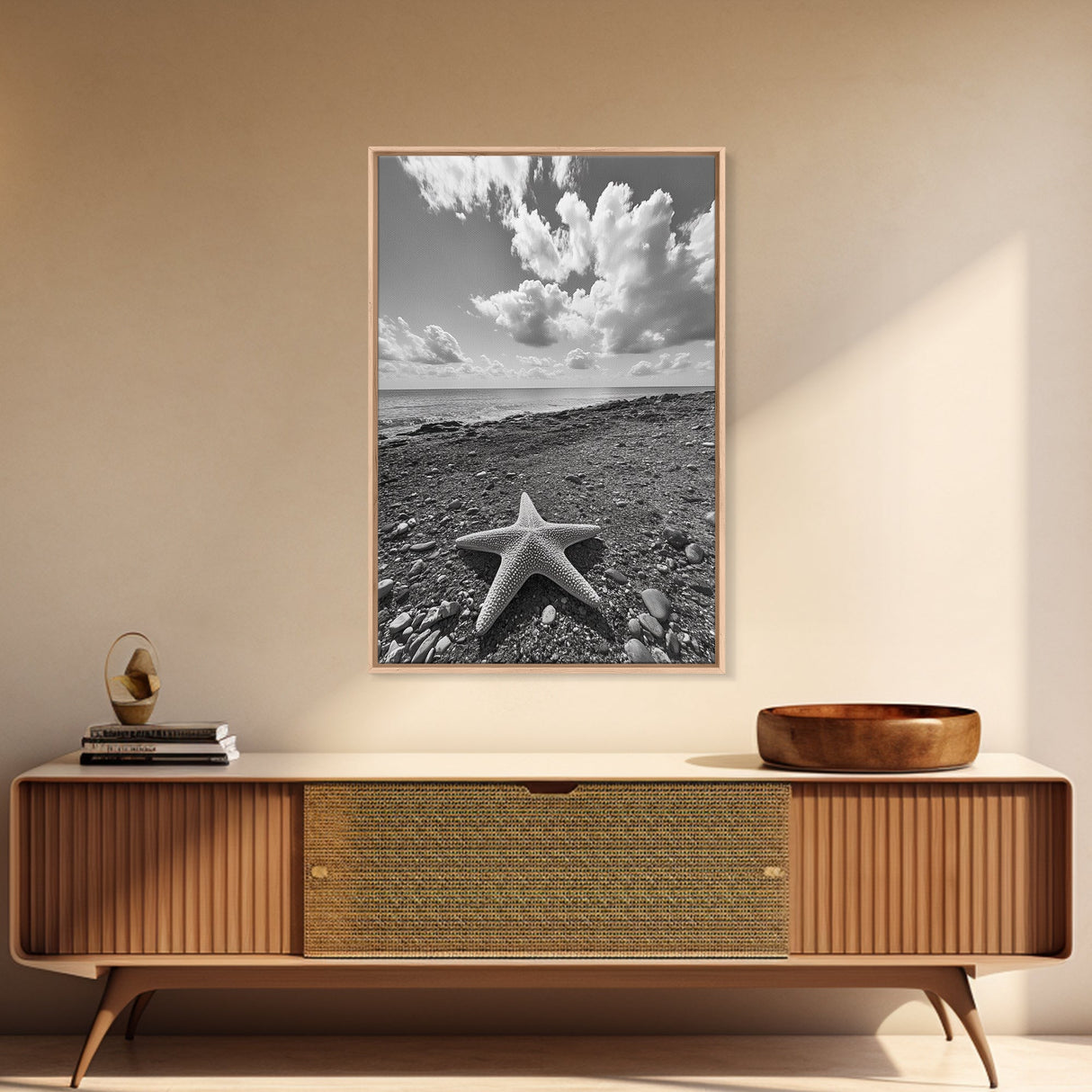 Starfish on Shore, Rocky Beach Scene, Cloudy Sky Horizon, Ocean Calm, Framed Canvas Print, Coastal Art, Bathroom Wall Decor