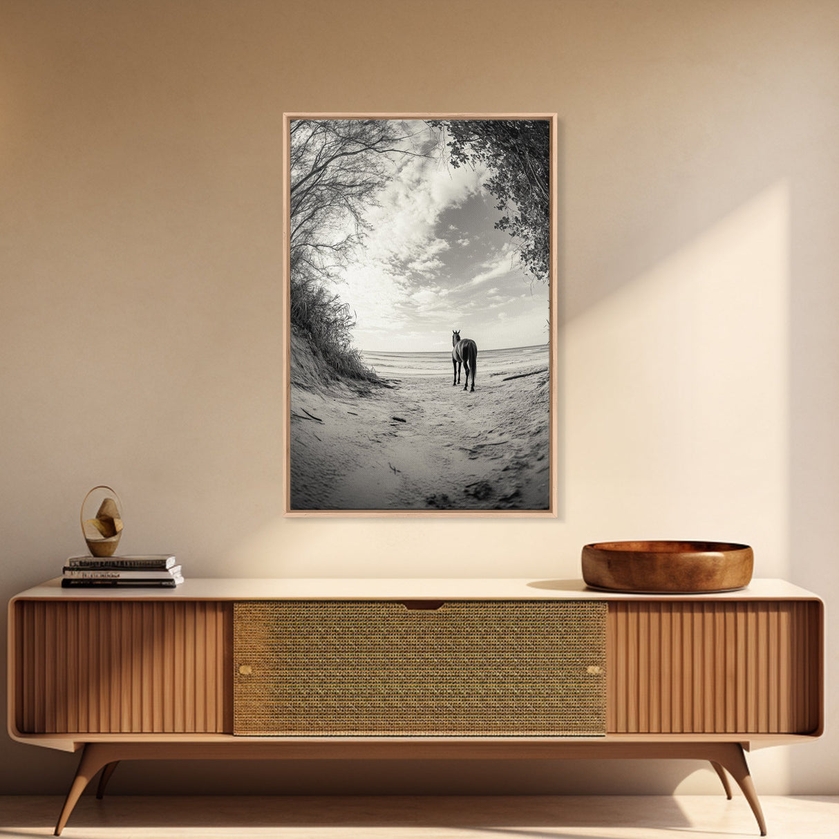 Horse on Shore, Ocean Path Scene, Wild Beauty, Serene Escape, Framed Canvas Print, Boho Wall Art, Bedroom or Entryway Decor