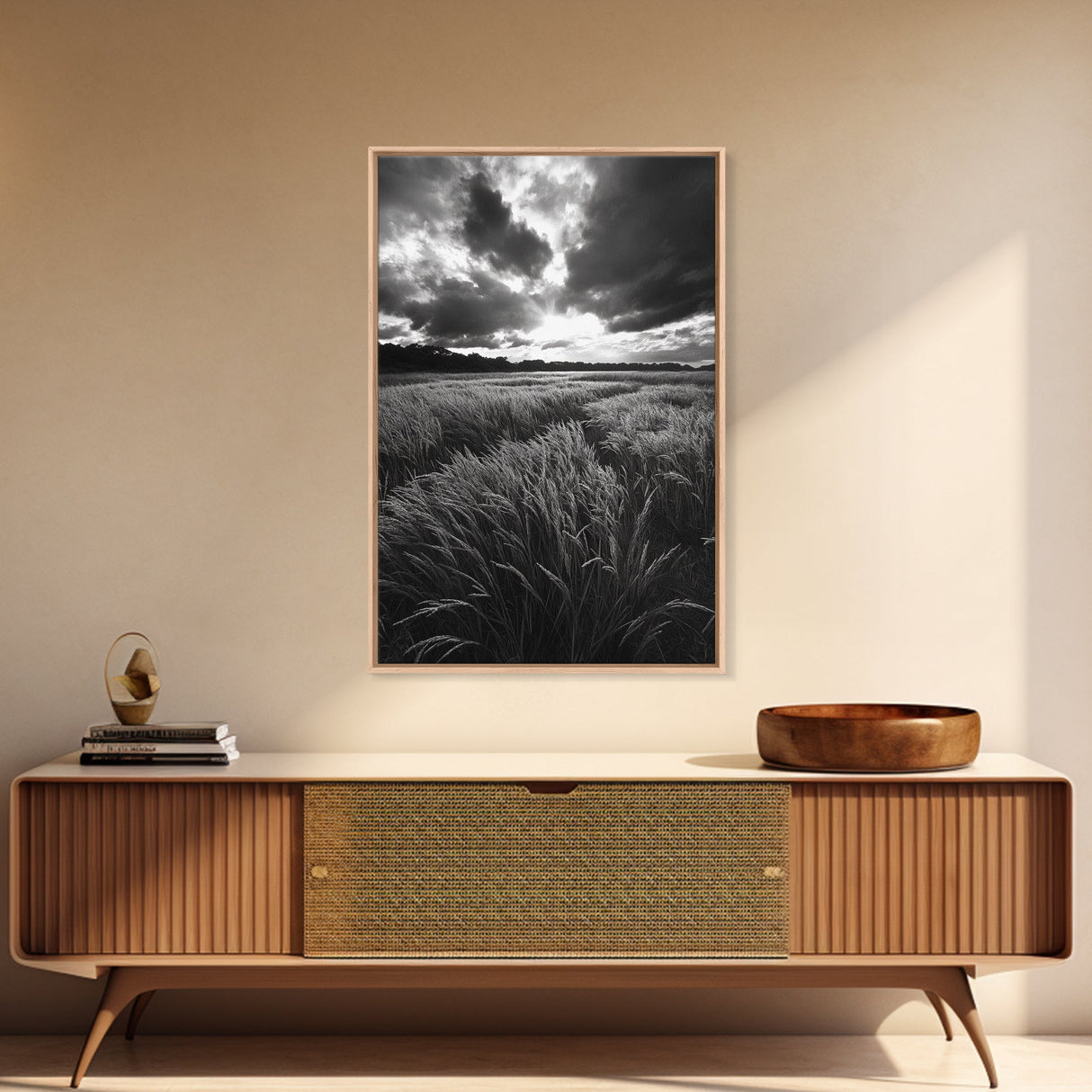 Golden Grass Field, Dramatic Sunset, Autumn Skies, Nature Movement, Framed Canvas Print, Fall Landscape Art, Living Room Decor