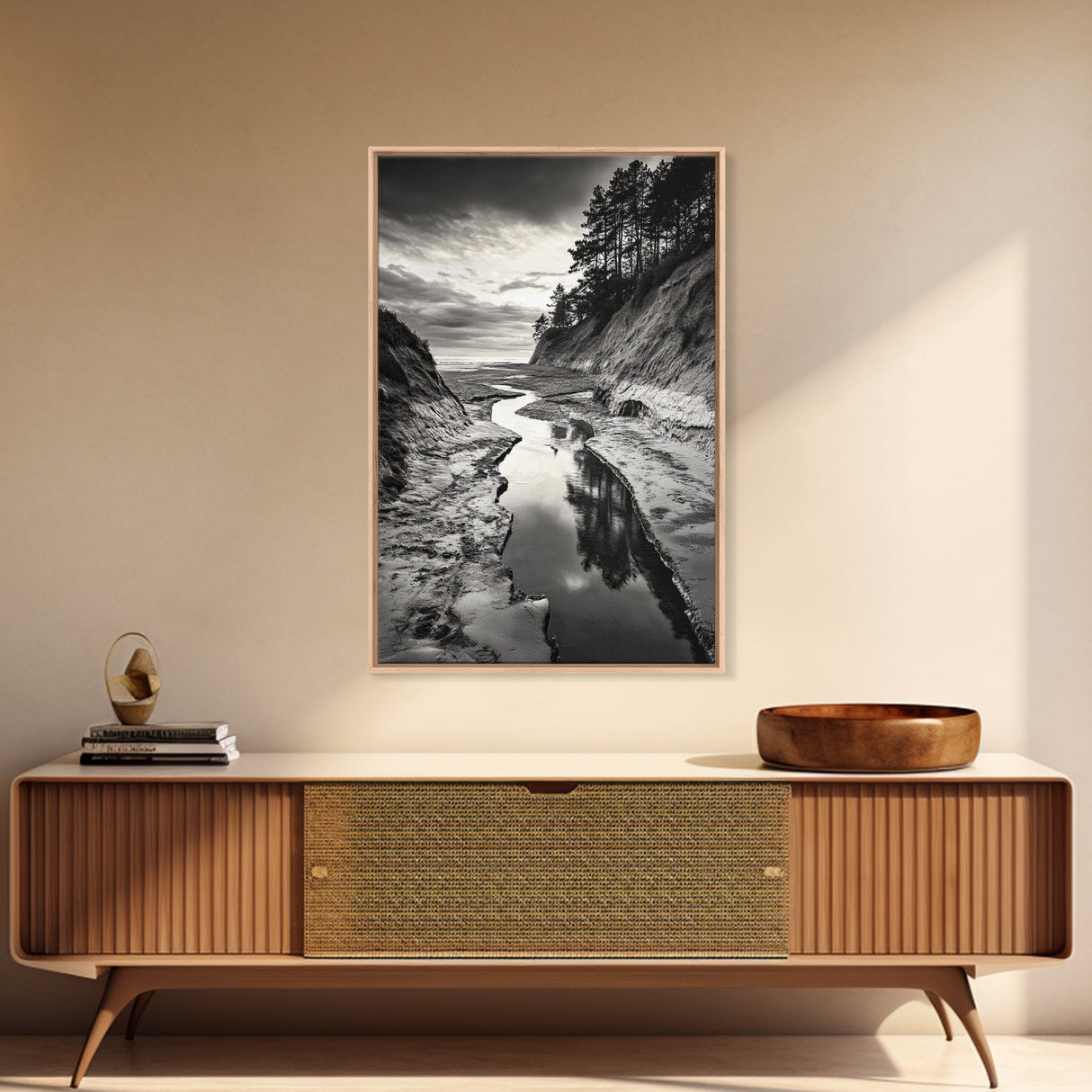 River Canyon, Dramatic Sky, Nature Pathway, Canvas Print, Adventure Wall Art, Cabin Decor, Black White Landscape Photography