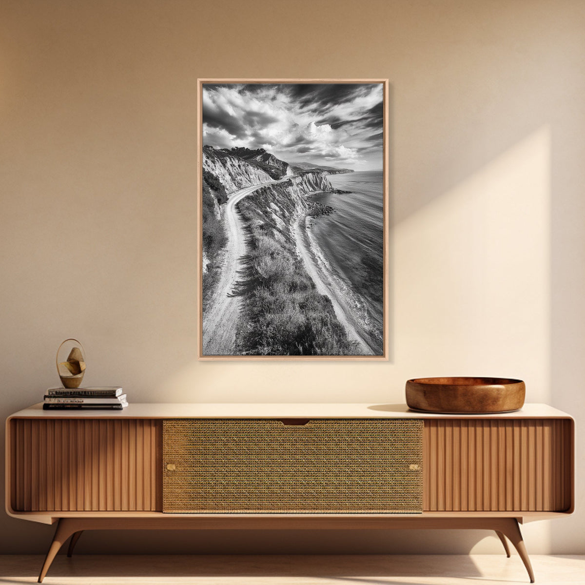 Coastal Mountain Trail, Ocean View, Travel Photography, Framed Canvas Print, Scenic Landscape Art, Office or Hallway Wall Art