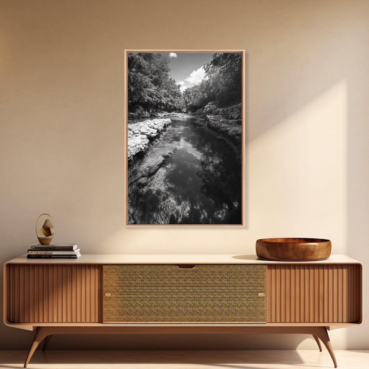 River Reflection, Nature Calm, Forest Stream, Canvas Print, Black and White Landscape Wall Art, Rustic Bathroom Decor, Tranquil Home Vibe
