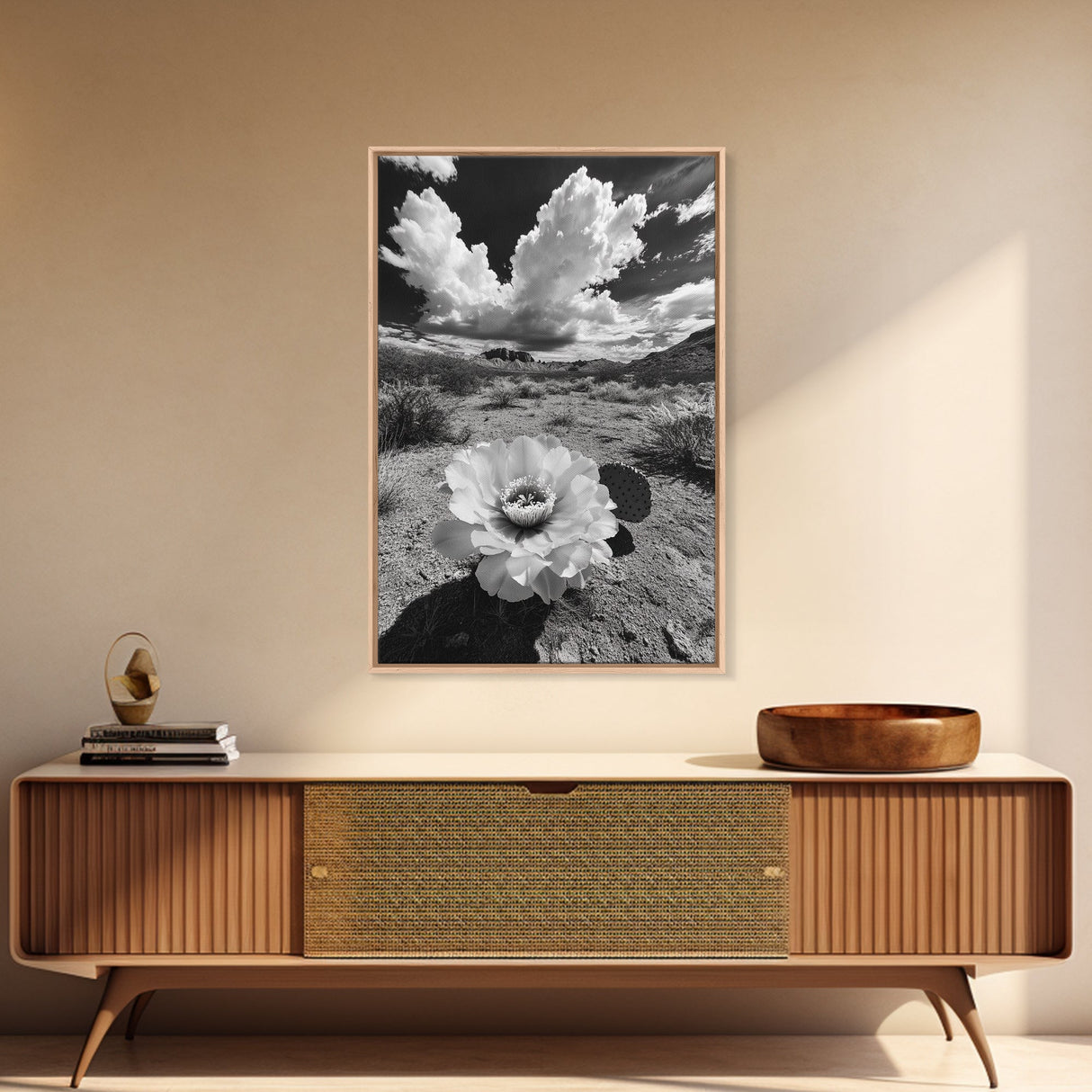 Desert Bloom, Cactus Flower, Bold Nature, Framed Canvas Print, Boho Wall Art, Southwestern Home Decor, Dramatic Desert Photography