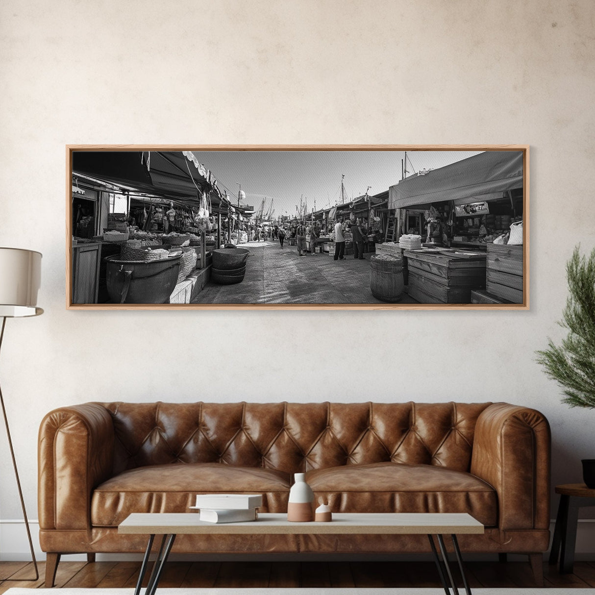 Mediterranean Market Scene, Travel Wall Decor, Rustic Street View, Framed Canvas Print, Kitchen Wall Art, Black and White Photography