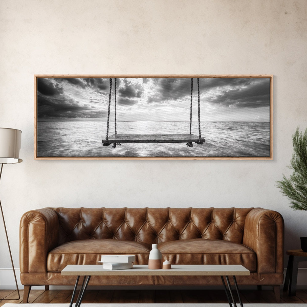 Ocean Swing View, Serene Seascape Art, Minimalist Beach Wall Decor, Framed Canvas Print, Bedroom Art, Calm Coastal Photography