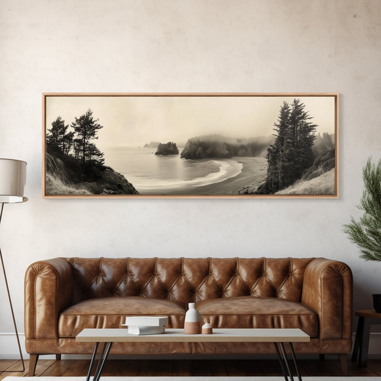 Misty Bay, Forested Coast, Moody Landscape, Serene Shoreline, Framed Canvas Print, Coastal Wall Art, Bedroom Decor, Earthy Tones