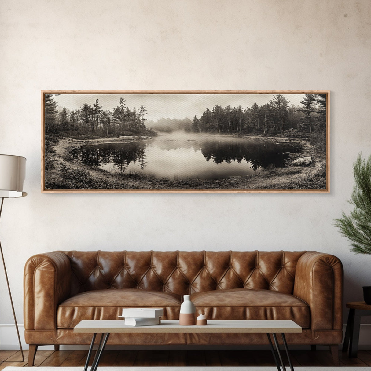 Misty Forest, Autumn Lake, Fog Reflections, Framed Canvas Print, cozy cabin decor, woodland living room art, rustic Fall photography