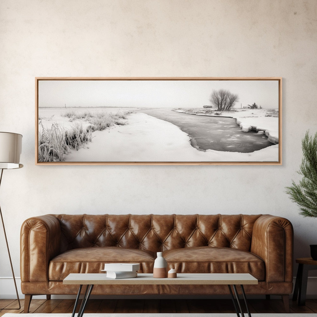 Winter River, Frosty Fields, Minimalist Landscape, Canvas Print, Modern neutral art, Rustic home decor, Entryway wall art, Scandinavian vibe