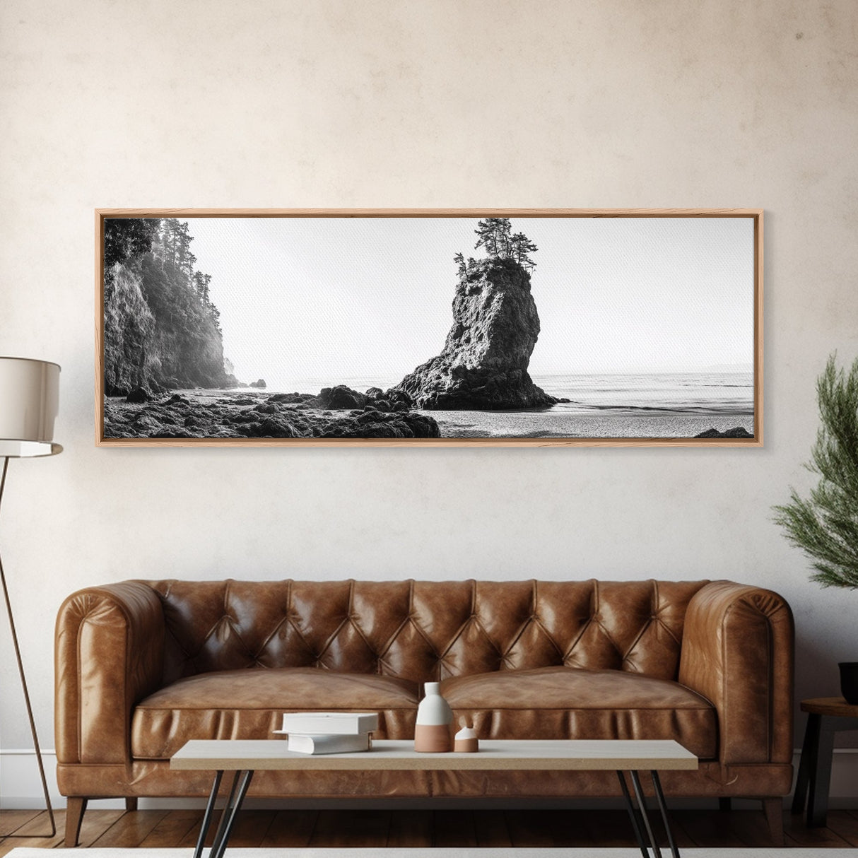 Sea Stack, Rugged Coast, Ocean Cliffside, Framed Canvas Print, Coastal landscape, Nature photography, Office wall art, Monochrome design