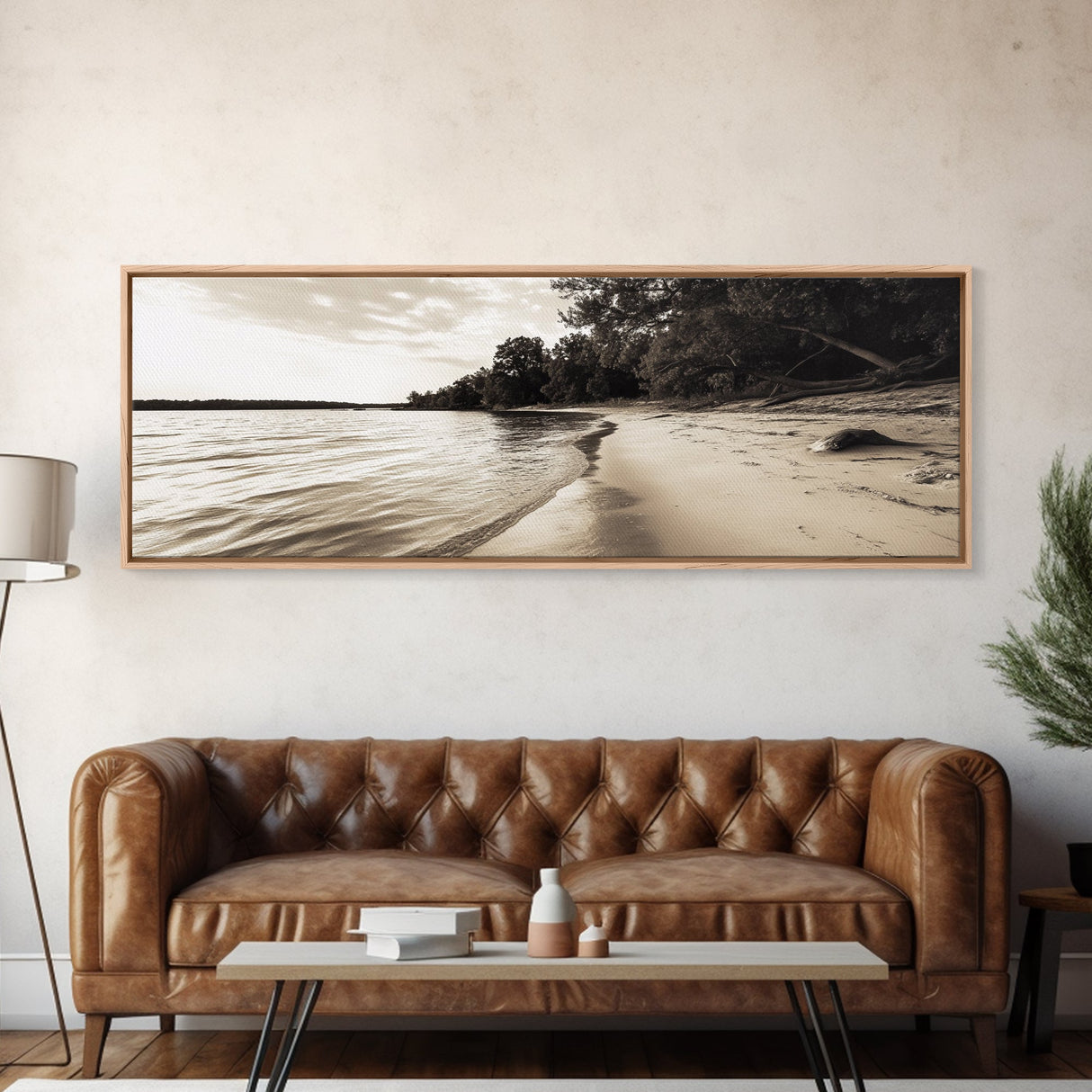 Sandy Beach, Serene Coastline, Nature Shoreline, Framed Canvas Print, Neutral Minimal Art, Bedroom Wall Art, Sepia Landscape Decor