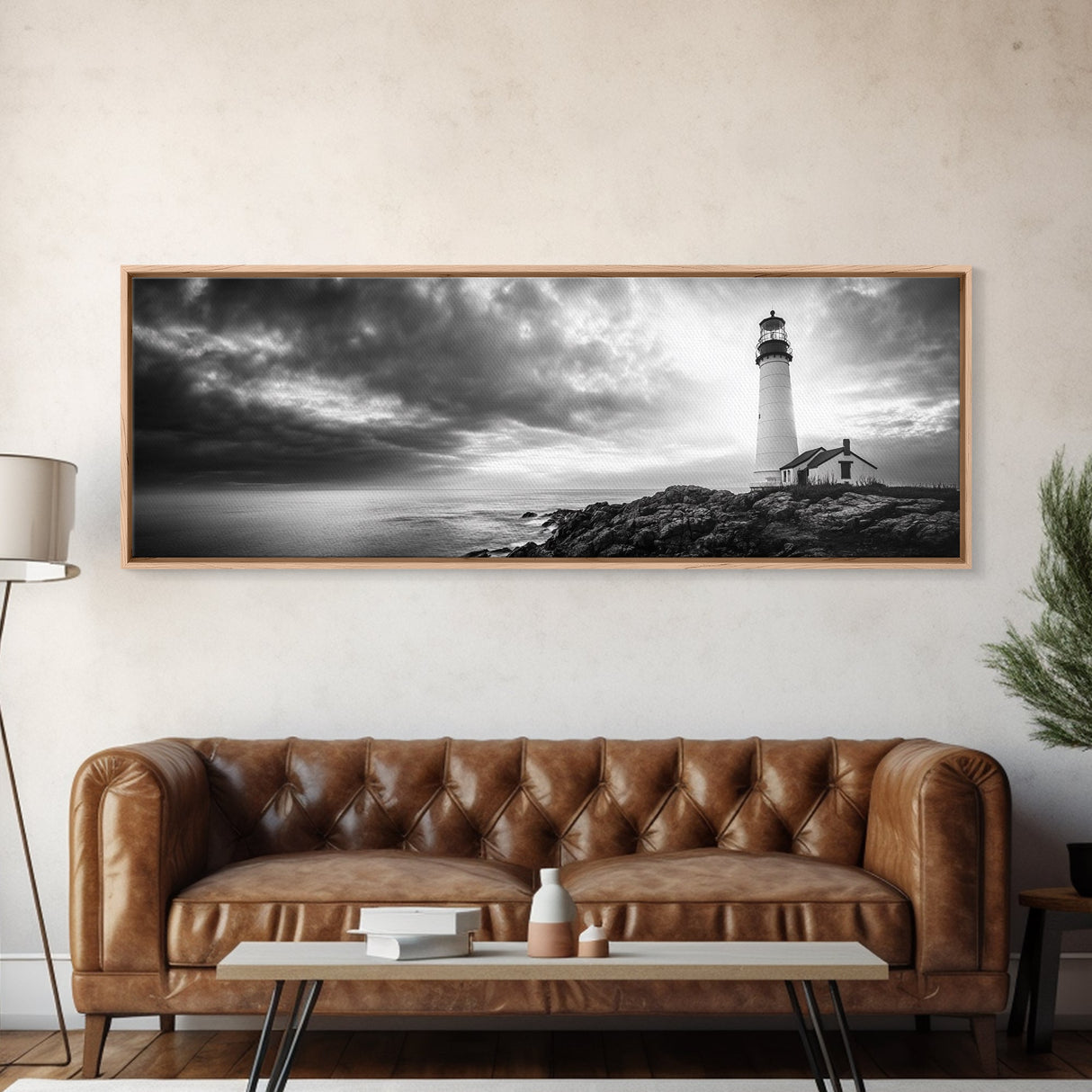 Dramatic Lighthouse Coast, Ocean Storm Horizon, Coastal Adventure, Framed Canvas Print, Living Room Wall Art, Nautical Fall Decor