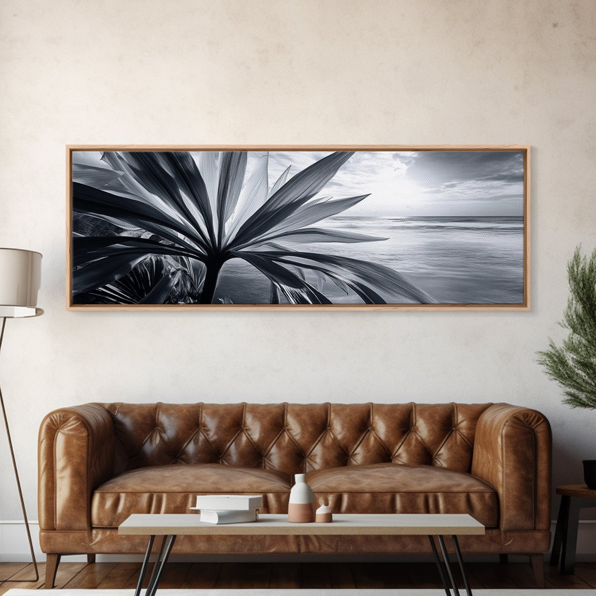 Tropical Leaf Closeup, Ocean Horizon Sunset, Botanical Beach, Framed Canvas Print, Kitchen Wall Art, Coastal Jungle Decor, Rustic Lakehouse Decor