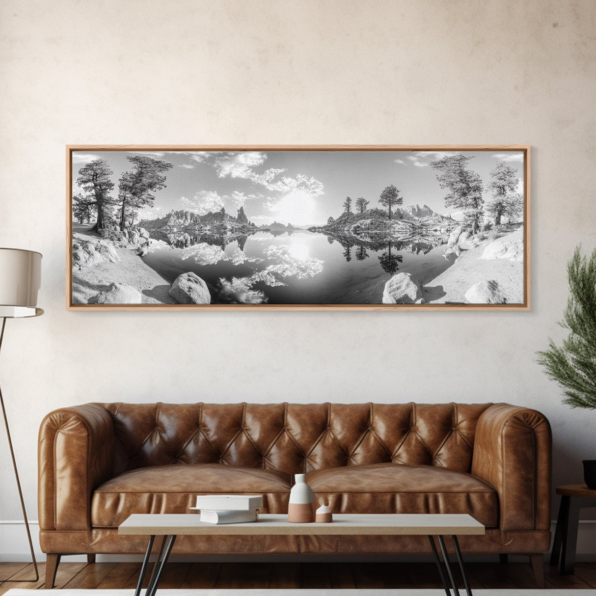 Mountain Reflections, Nature Panorama, Black and White Landscape, Framed Canvas Print, Living Room Wall Art, Modern Wilderness Decor