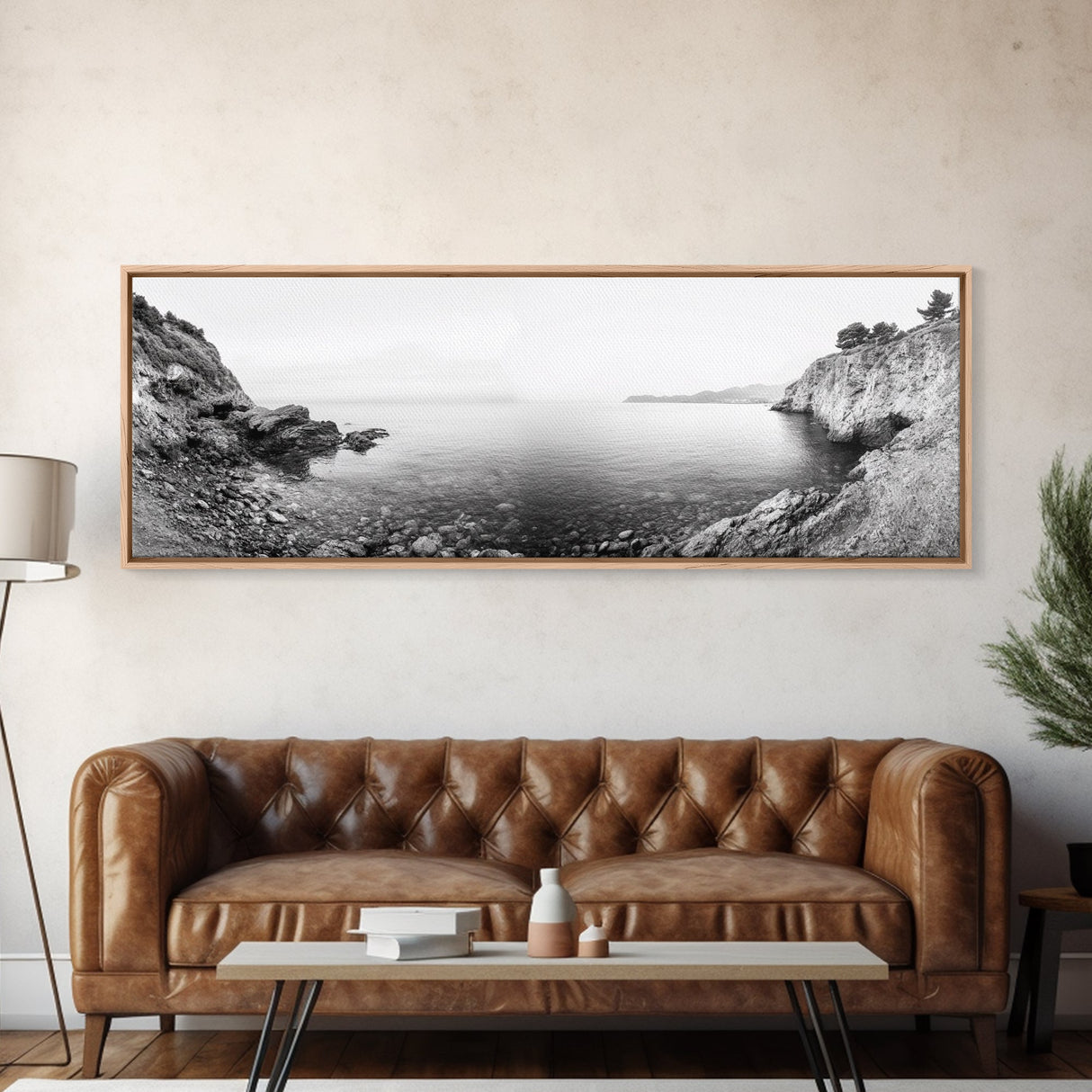 Rocky Coastline, Minimalist Seascape, Black and White Shoreline, Framed Canvas Print, Coastal Wall Art, Bathroom or Hallway Decor