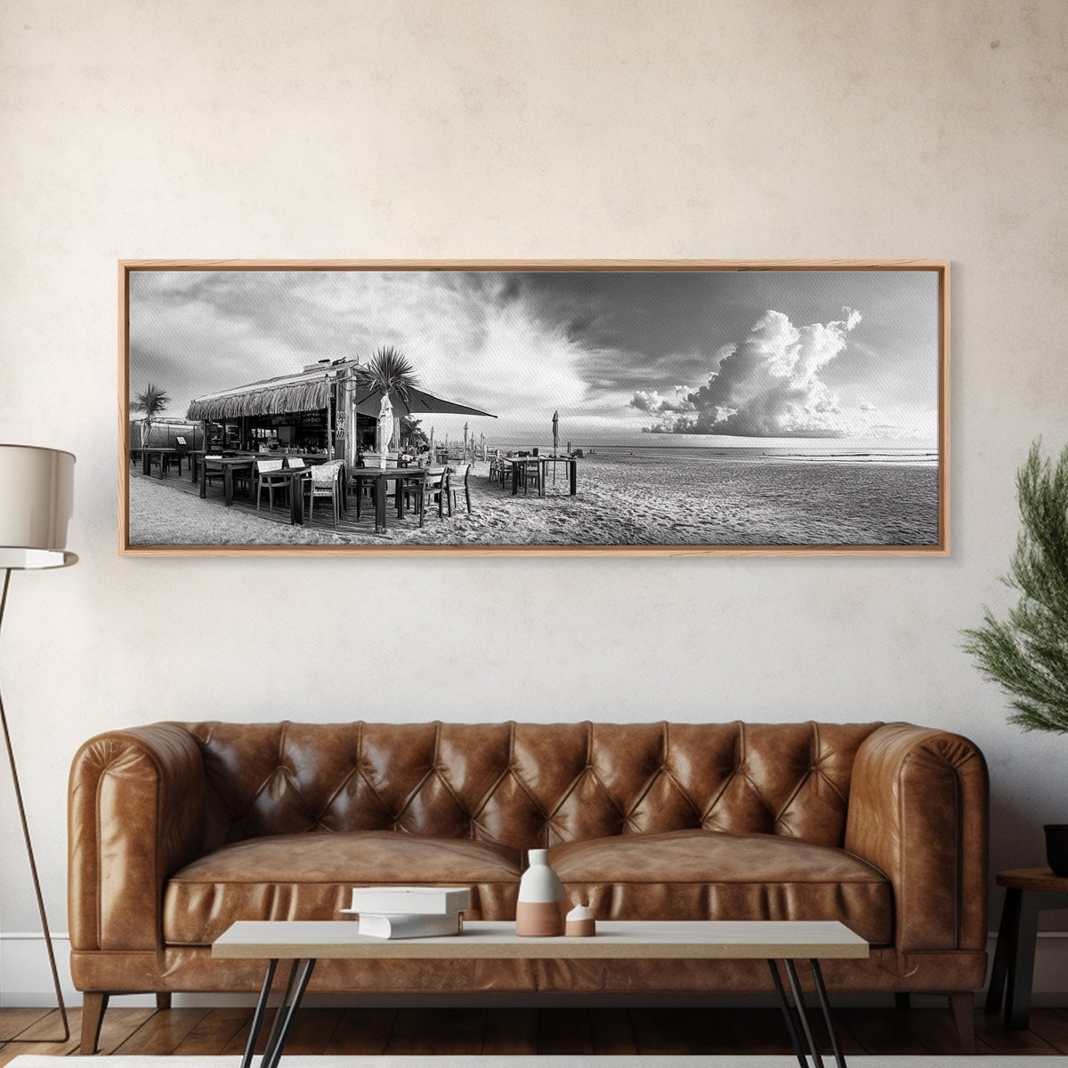 Seaside Bar, Beach Café, Oceanfront Dining, Cloudy Sky, Framed Canvas Print, Kitchen Wall Art, Black and White Tropical Art, Travel Decor