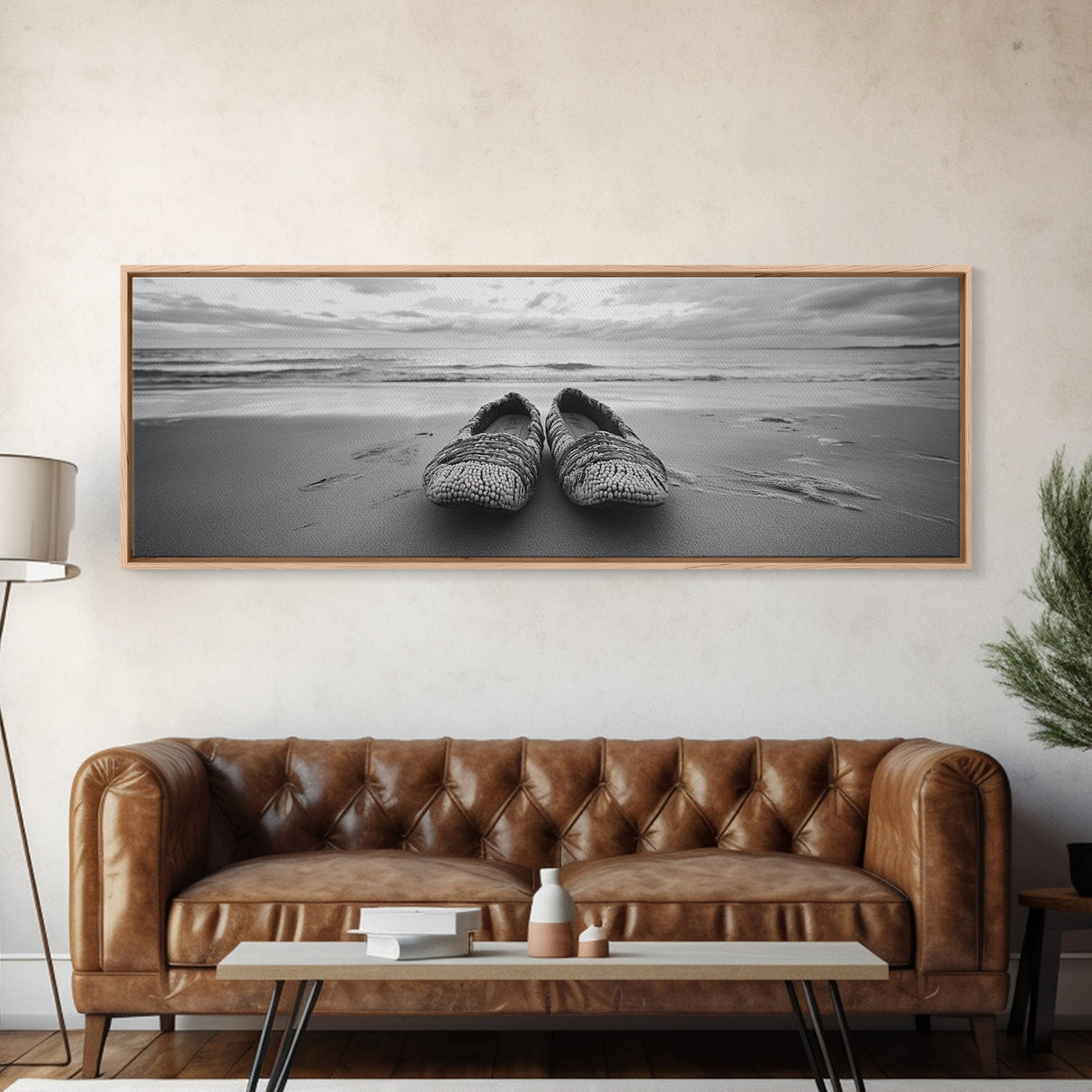 Woven Shoes, Coastal Walk, Ocean Breeze, Boho Style, Framed Canvas Print, Entryway Wall Art, Minimalist Beach Art, Seashore Photography