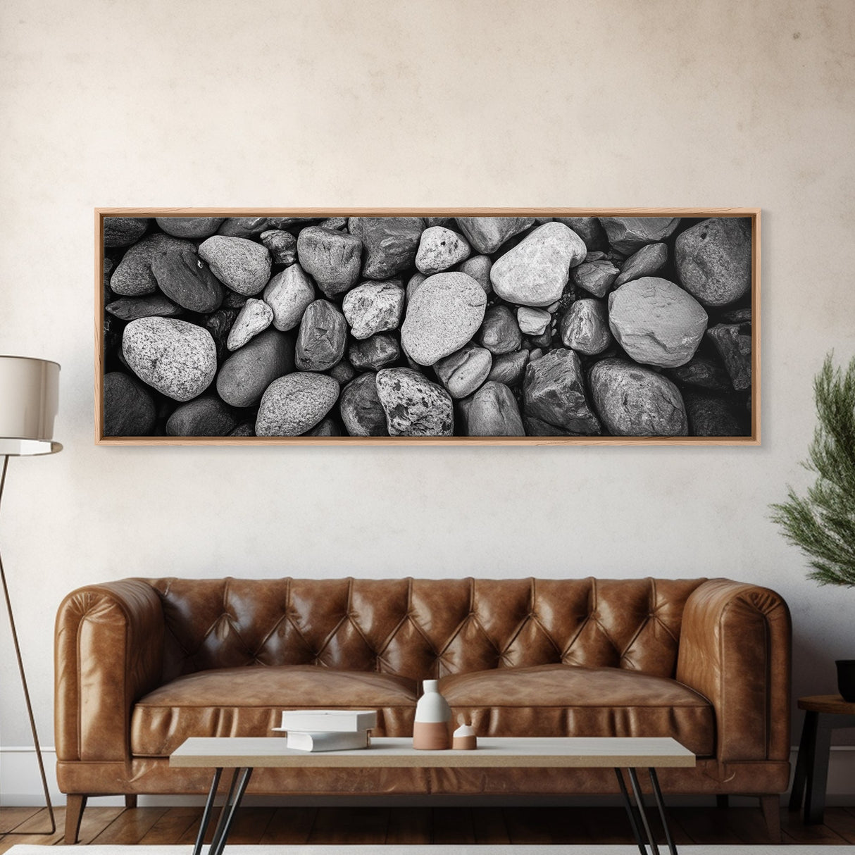 Zen Stones, Nature Texture, River Rock Closeup, Minimalist Photography, Framed Canvas Print, Spa Bathroom Wall Art, Modern Black White