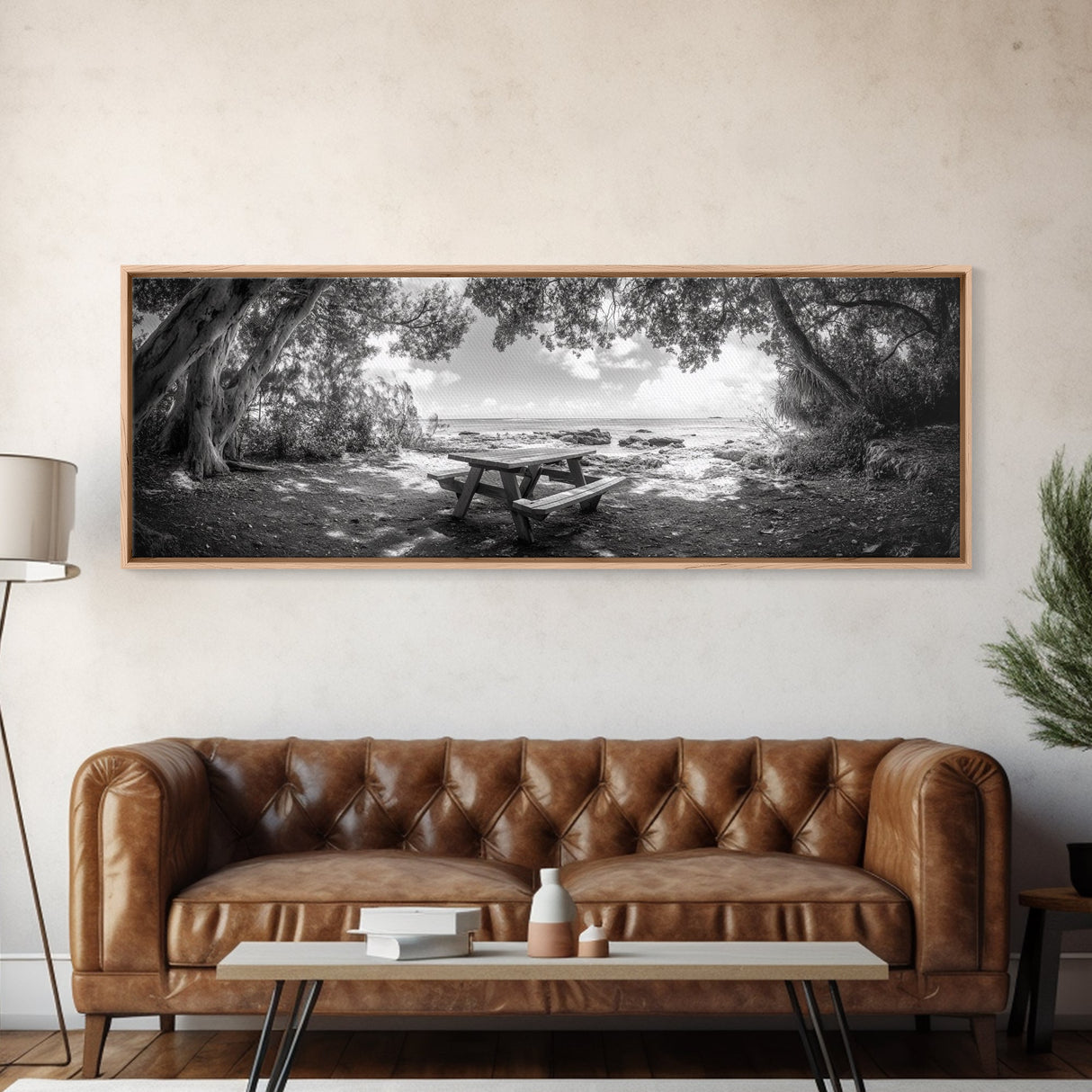 Secluded Picnic Spot, Ocean View, Tranquil Escape, Nature Sanctuary Art, Framed Canvas Print, Kitchen Wall Decor, Coastal Forest Vibe