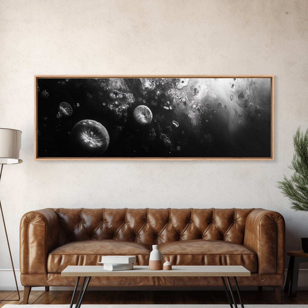Jellyfish Dreams, Ocean Depths, Abstract Motion, Canvas Print, Coastal Bathroom Art, Nautical Theme, Moody Black and White Sea Life