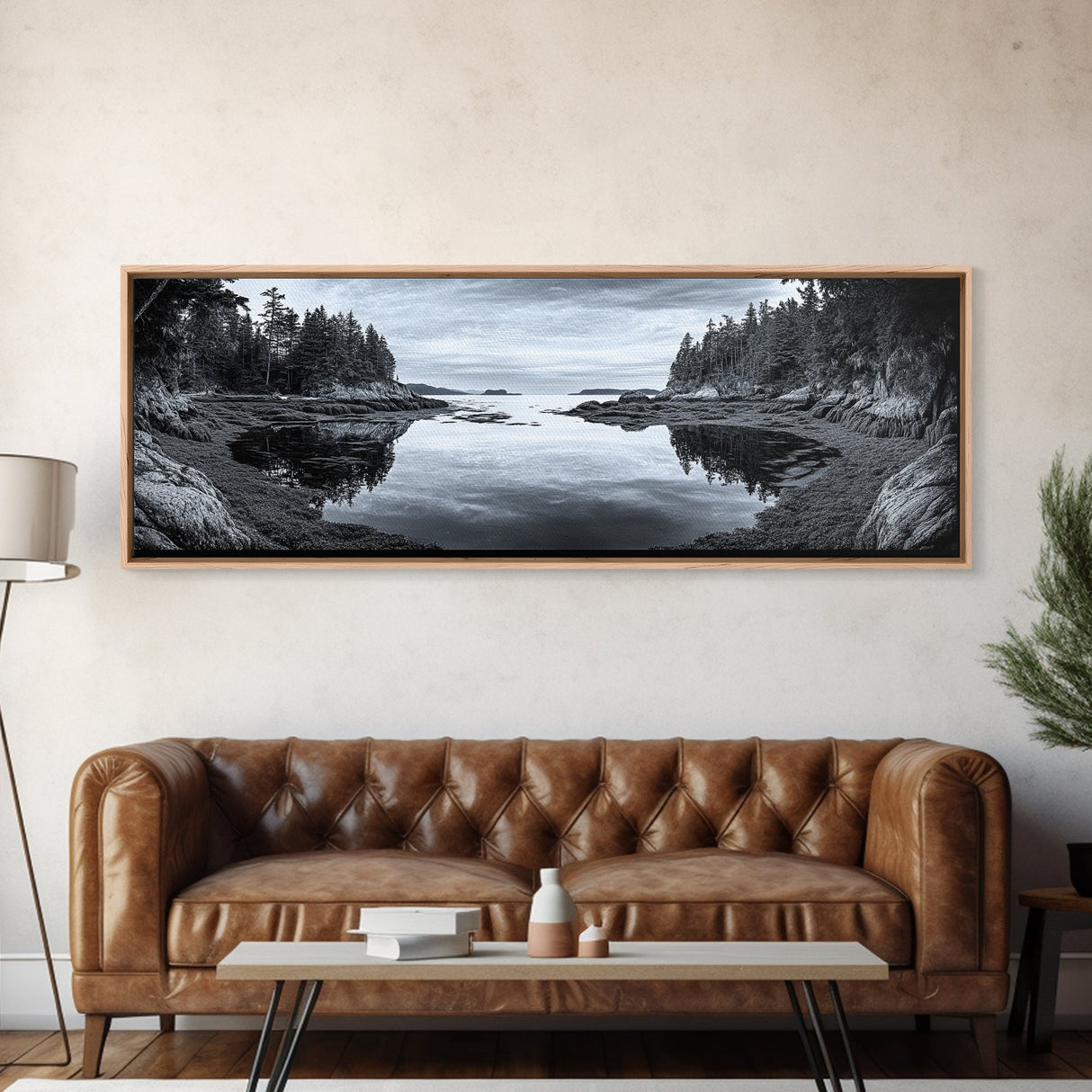 Forest Inlet, Calm Waters, Rocky Shore, Framed Canvas Print, Pacific Northwest Wall Art, Neutral Decor, Nature Photography, Rustic Vibes
