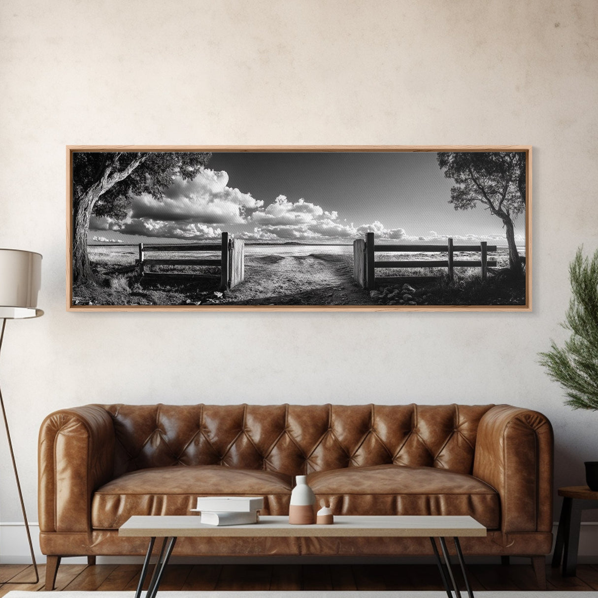 Wooden Fence, Open Field, Cloud Horizon, Framed Canvas Print, Country Landscape Photography, Entryway Wall Art, Farmhouse Autumn Decor