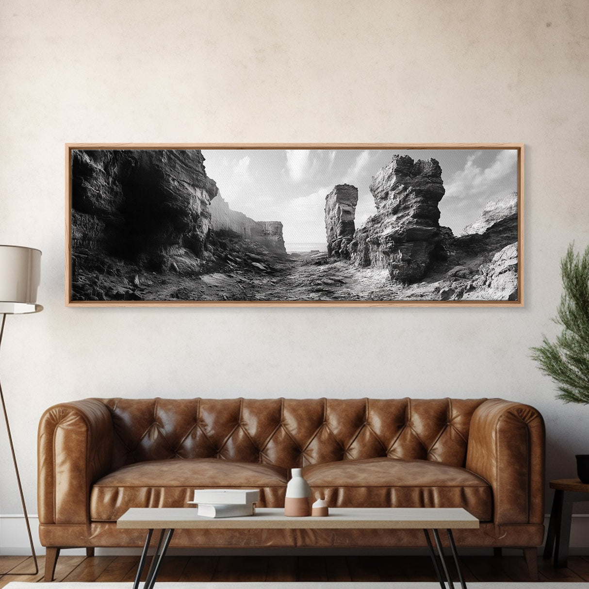 Coastal Rock Passage, Ocean Cliffside Art, Natural Texture Photography, Framed Canvas Print, Bathroom or Hallway Wall Art