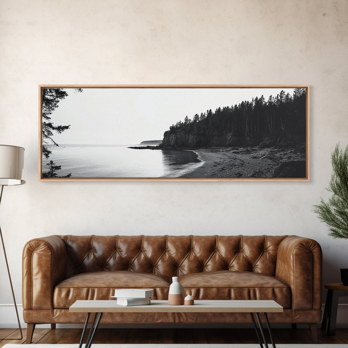 Forest Cliffs, Quiet Bay, Monochrome Coast, Canvas Print, Nature Photography, Modern Rustic Wall Art, Entryway or Office Decor