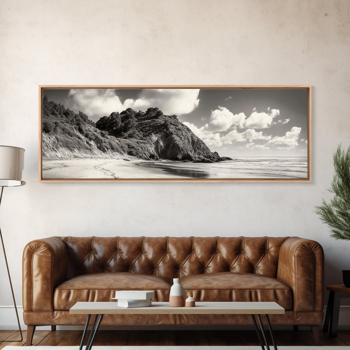 Seaside Cliff, Pine Hills, Sandy Beach, Canvas Print, Coastal Landscape Art, Modern Nature Decor, Beach House Living Room Style