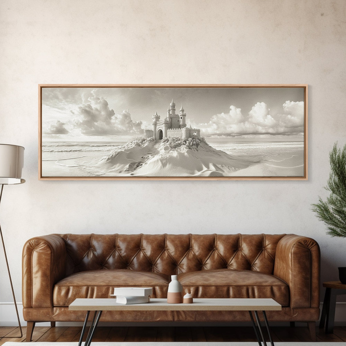 Fantasy Sand Castle, Seaside Kingdom, Dreamy Beach Scene, Magical Vibes, Framed Canvas Print, Kids Room Art, Whimsical Decor, Coastal Theme