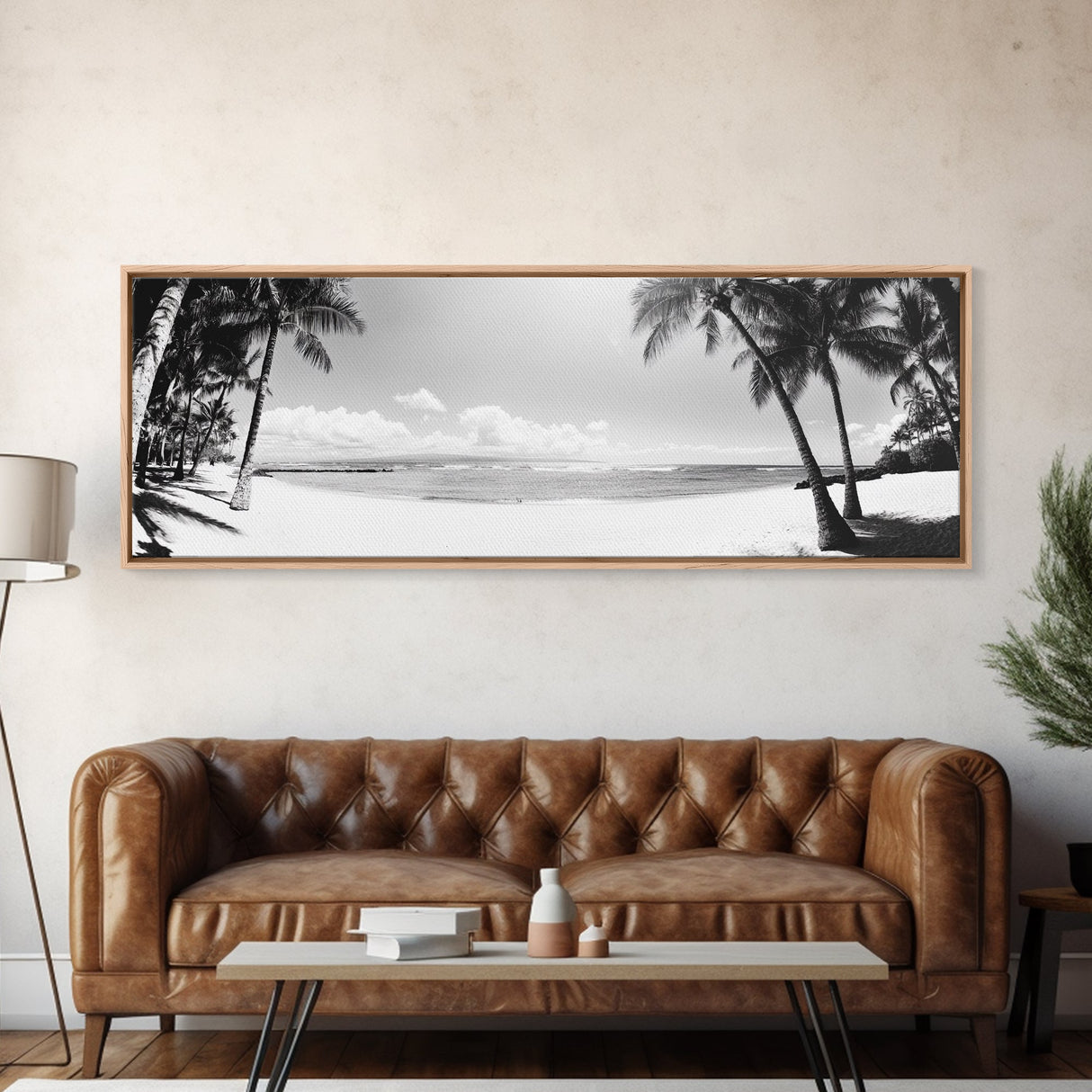 Tropical Beach Scene, Palm Tree Horizon, Ocean Serenity, Island Life, Framed Canvas Print, Coastal Wall Art, Living Room Decor, Minimalist Vibe