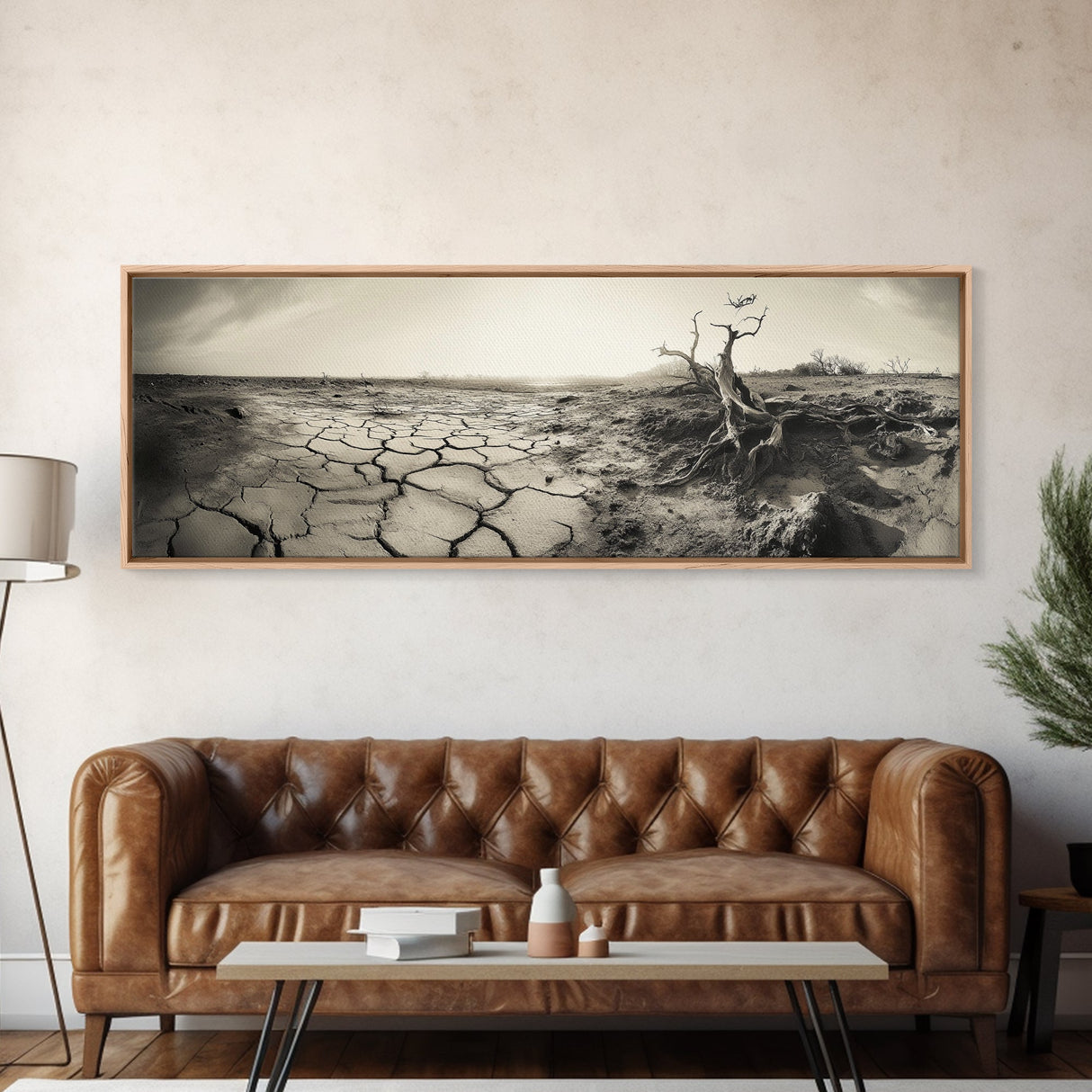 Cracked Earth Drought, Barren Landscape, Nature Drama, Earth Tones, Framed Canvas Print, Fall Wall Art, Study Room Decor, Minimalist Style