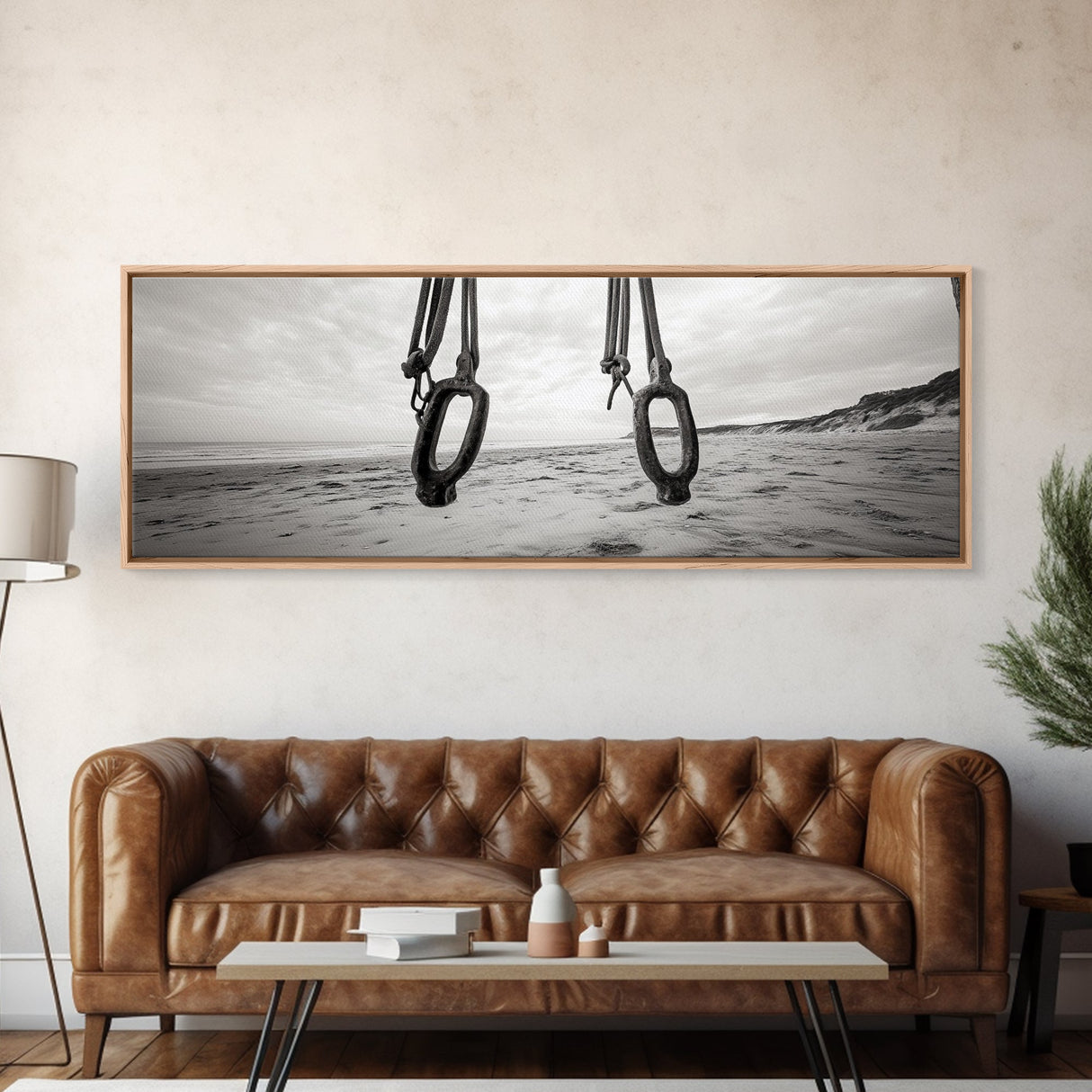 Nautical Swing, Beach Ropes, Seaside Minimalism, Canvas Print, black and white beach decor, coastal hallway wall art, maritime rustic style