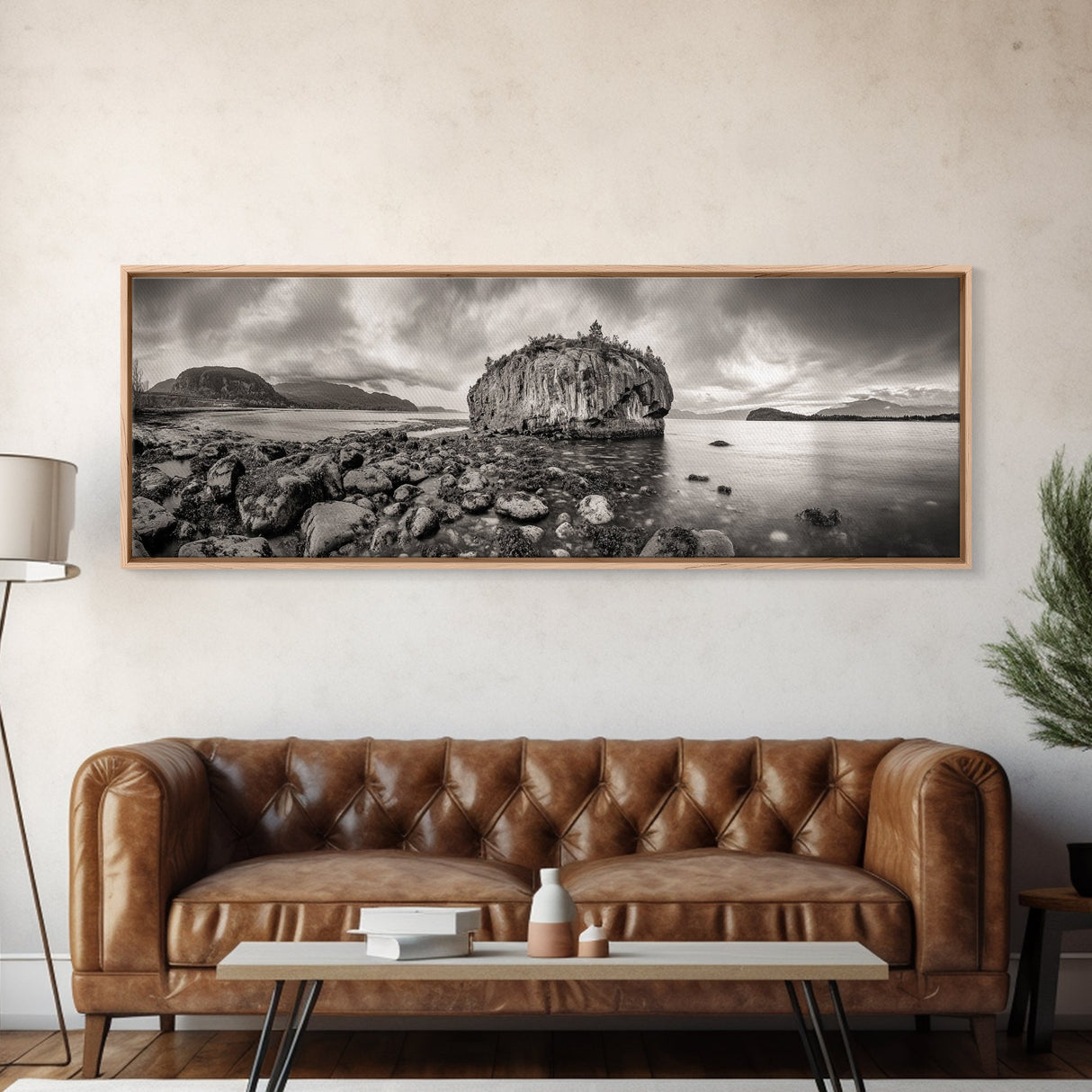Island Shoreline, Rocky Coast View, Monochrome Nature, Framed Canvas Print, coastal kitchen decor, moody mountain beach wall art