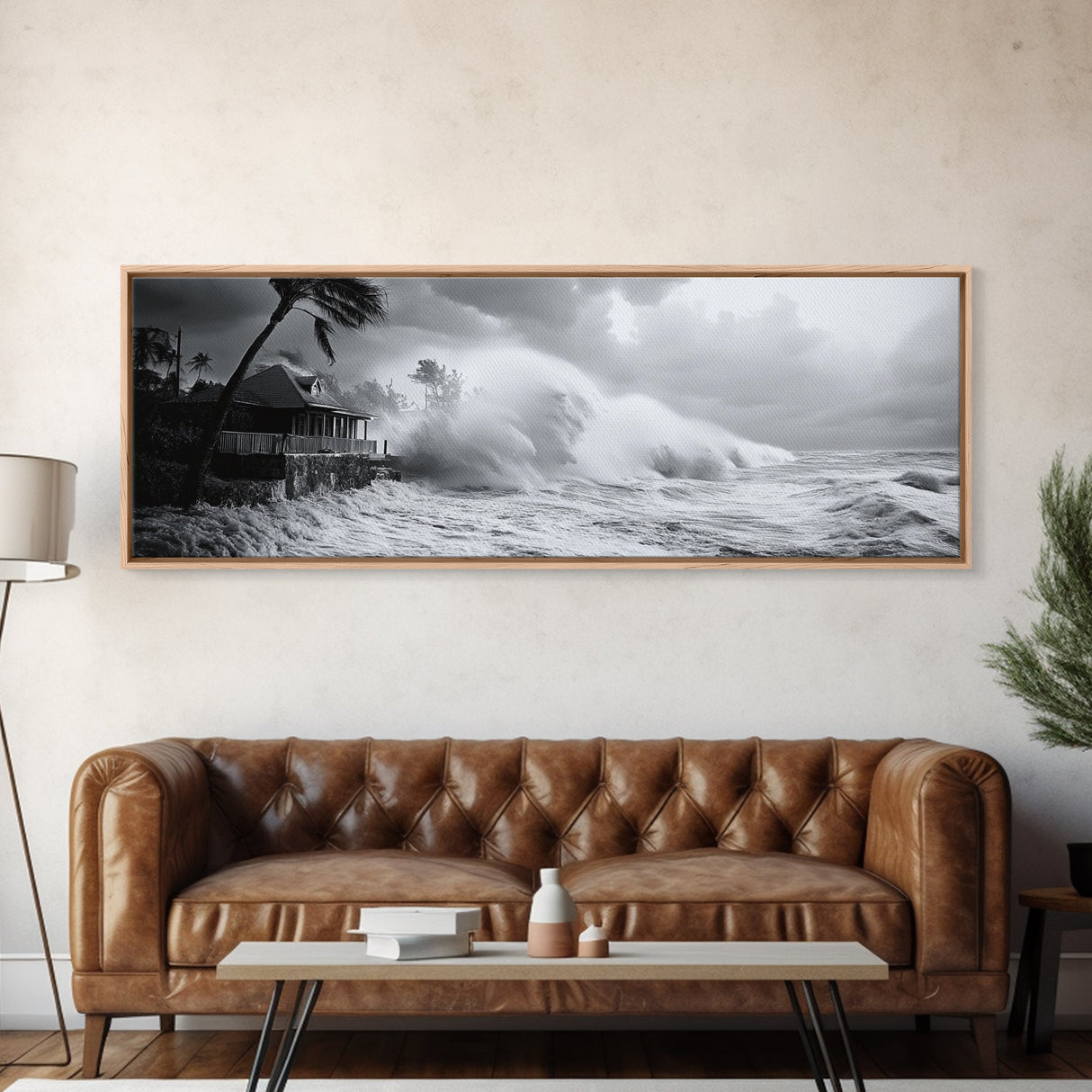 Stormy Waves, Ocean Fury, Tropical Housefront, Canvas Print, dramatic coastal decor, fall storm wall art, modern living room statement