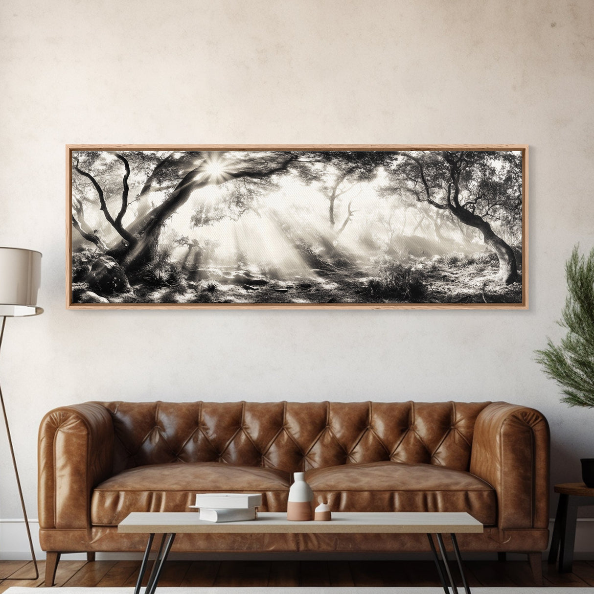 Enchanted Forest, Sunlight Rays, Dreamy Woodland, Framed Canvas Print, boho nature decor, spiritual wall art, bedroom forest scene