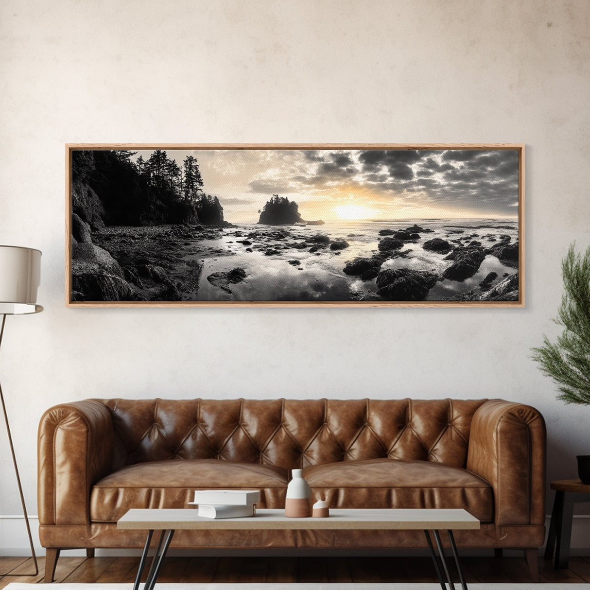 Sunset Shoreline, Moody Rocks, Forested Coast, Framed Canvas Print, nature lover gift, fall coastal art, rustic bathroom wall decor