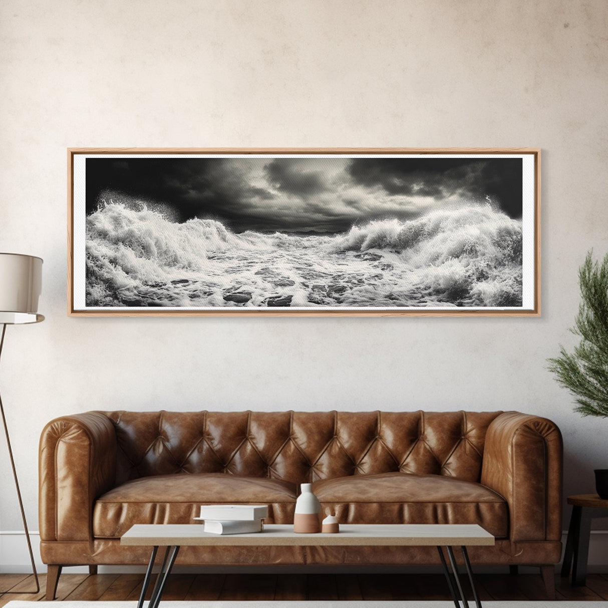 Storm Waves, Moody Sea, Ocean Power, Canvas Print, dramatic bathroom wall art, black and white seascape, coastal energy room decor