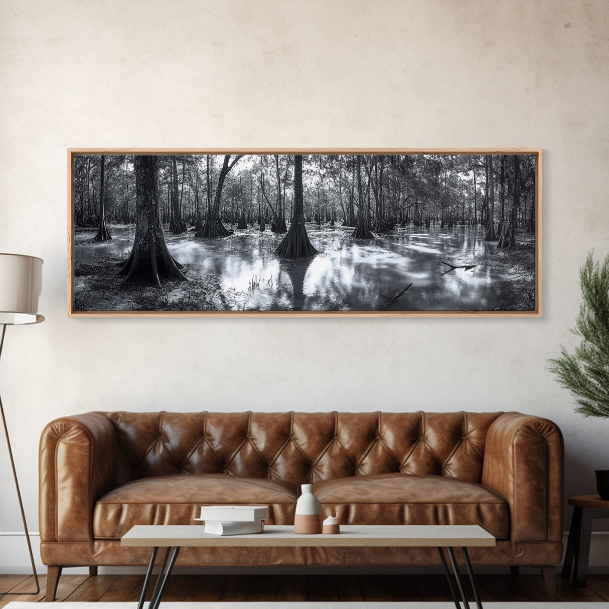 Swamp Roots, Cypress Trees, Flooded Forest, Framed Canvas Print, southern nature art, rustic lodge wall decor, moody woodland photography