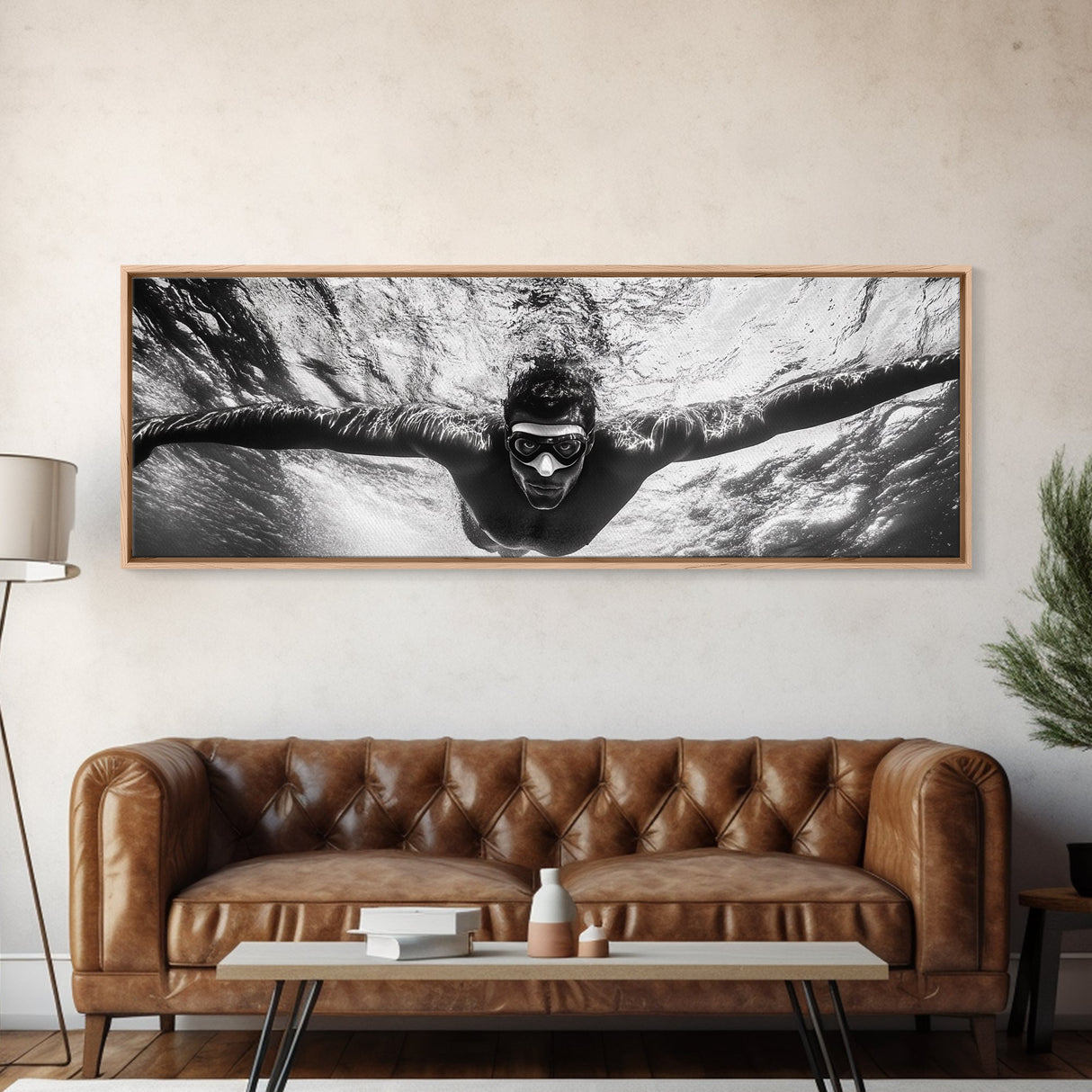 Underwater Swim, Black White Diver, Ocean Exploration, Canvas Print, modern bathroom wall art, sporty fitness vibe, minimalist ocean style